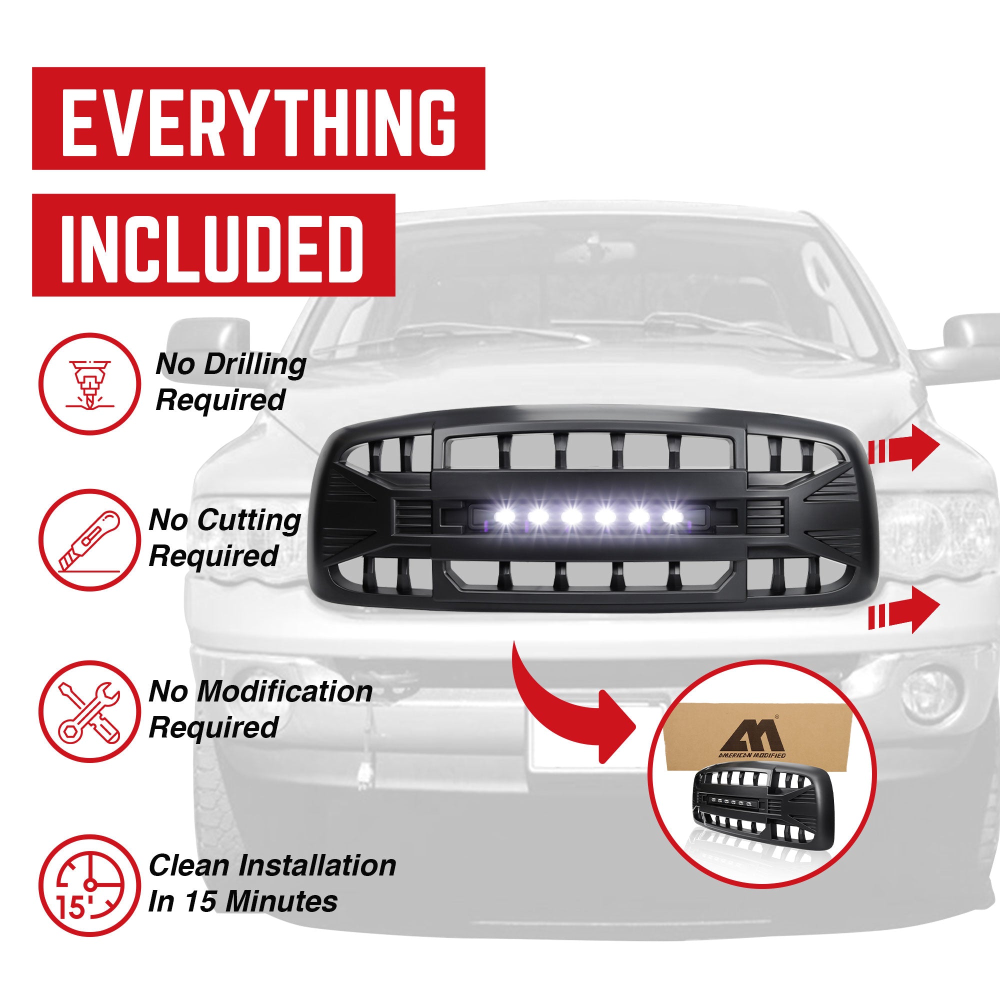 AMERICAN MODIFIED Armor Grille for 02-05 Dodge Ram 1500/2500/3500, Matte Black - VMInnovations
