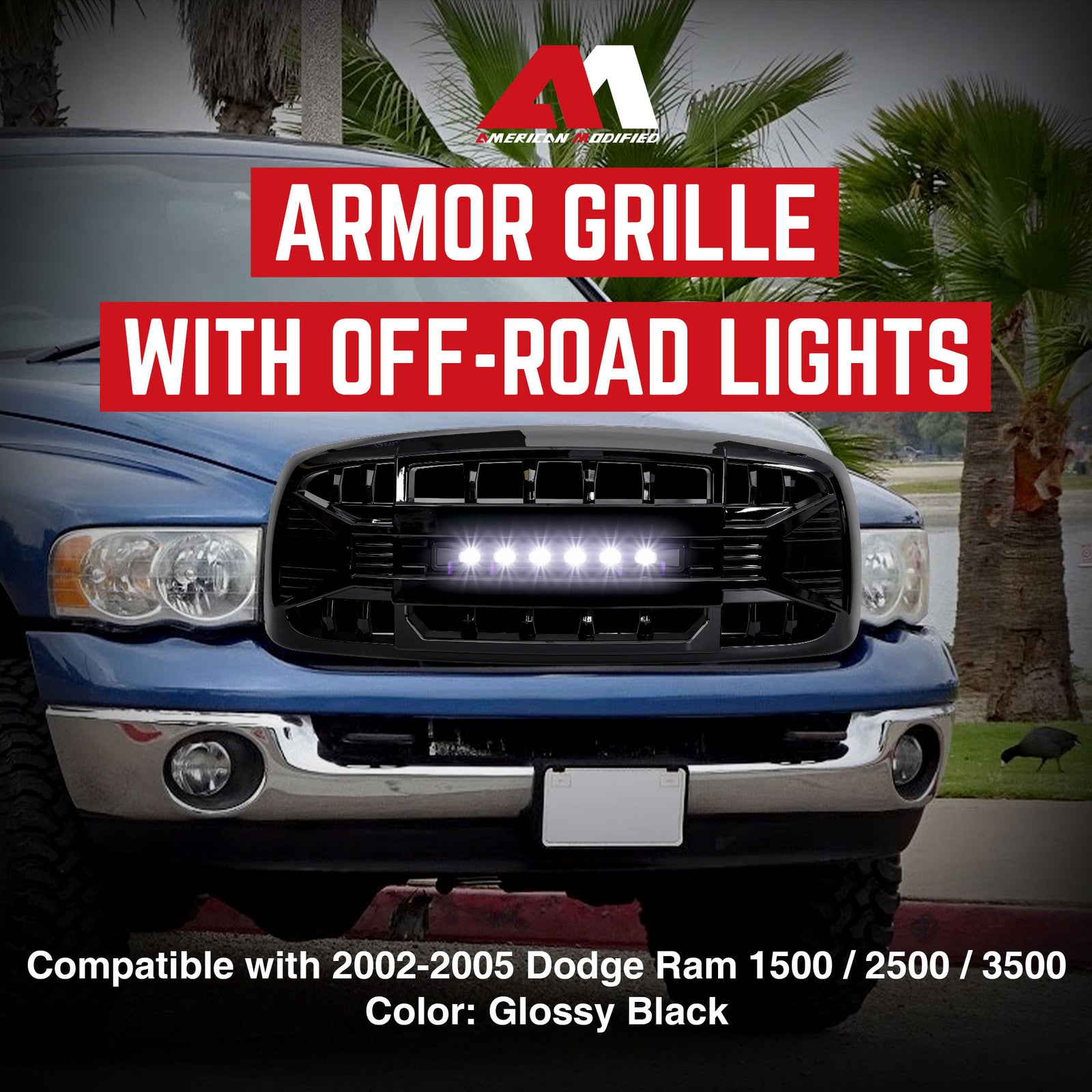 AMERICAN MODIFIED Armor Grille for 02-05 Dodge Ram 1500/2500/3500, Glossy Black - VMInnovations