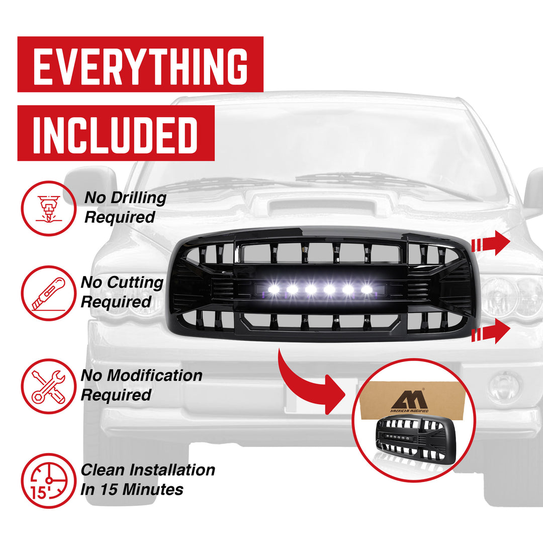 AMERICAN MODIFIED Armor Grille for 02-05 Dodge Ram 1500/2500/3500, Glossy Black - VMInnovations