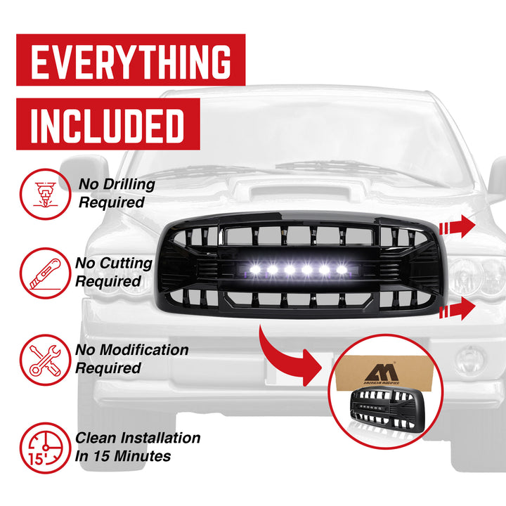 AMERICAN MODIFIED Armor Grille for 02-05 Dodge Ram 1500/2500/3500, Glossy Black - VMInnovations