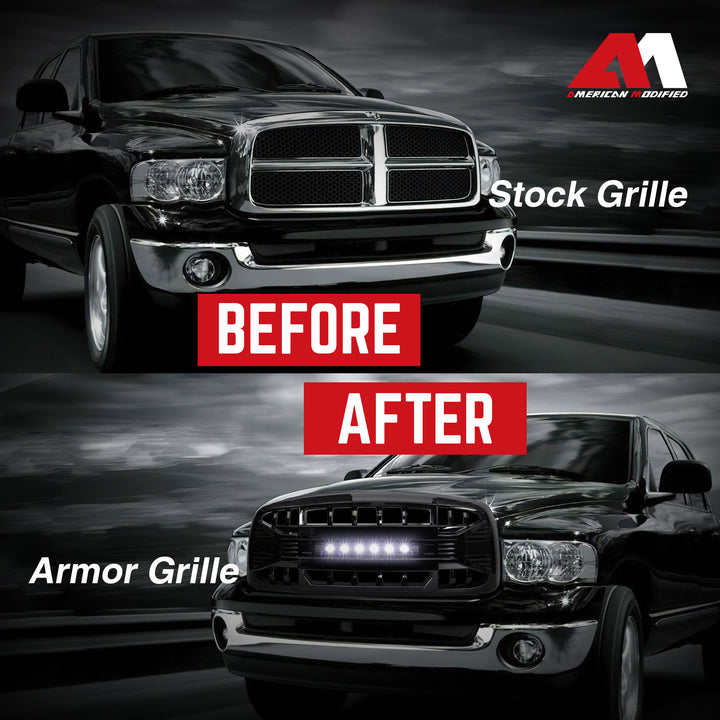 AMERICAN MODIFIED Armor Grille for 02-05 Dodge Ram 1500/2500/3500, Glossy Black - VMInnovations
