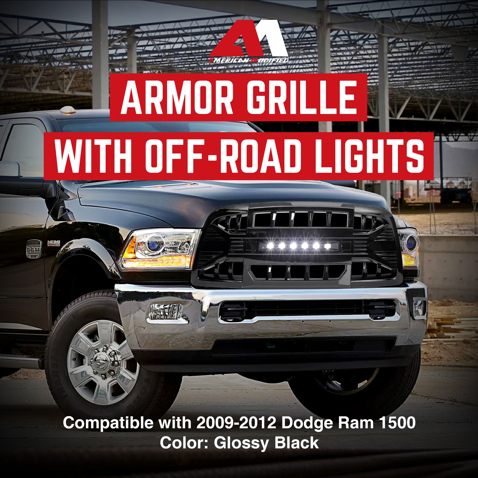 AMERICAN MODIFIED Armor Grille for 09-12 Dodge Ram 1500, Glossy Black (Open Box) - VMInnovations