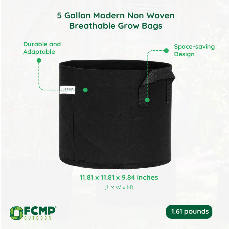 FCMP Outdoor 5 Gallon Modern Non Woven Breathable Grow Bags, Black (5 Pack)