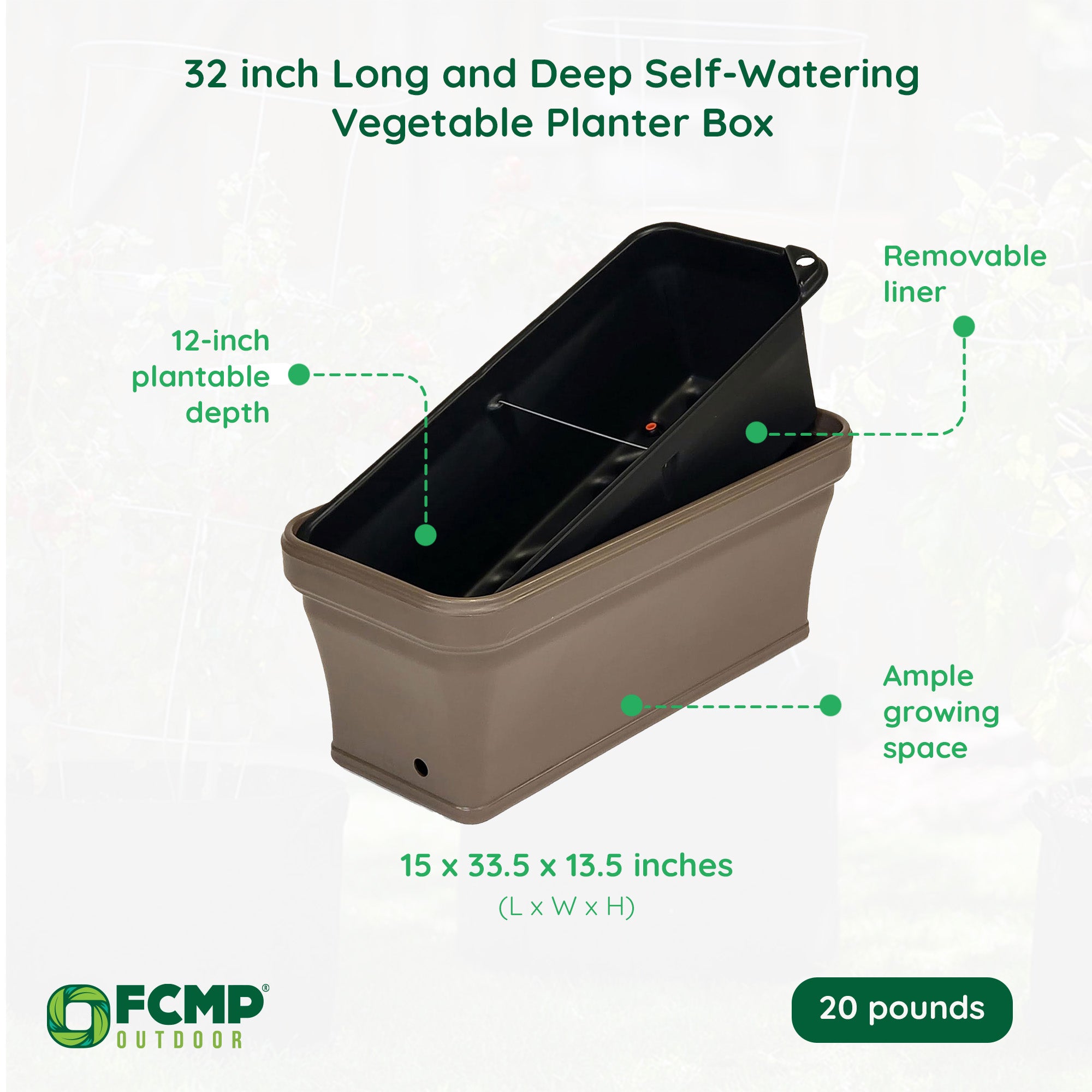 FCMP 32 Inch Outdoor Long and Deep Self Watering Vegetable Planter, Cappuccino - VMInnovations