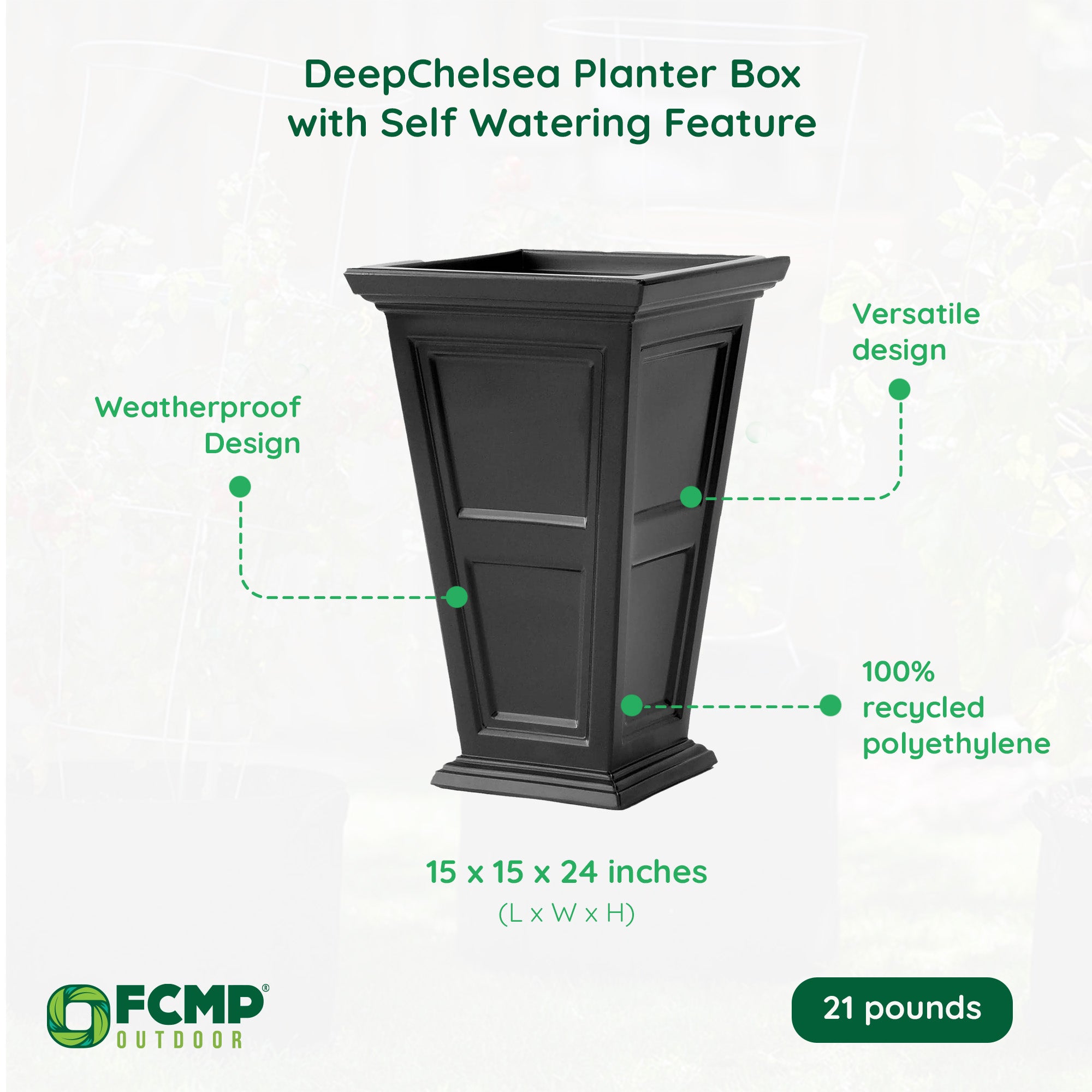 FCMP Outdoor Chelsea Planter Box with Self Watering Feature, Black (2 Pack) - VMInnovations
