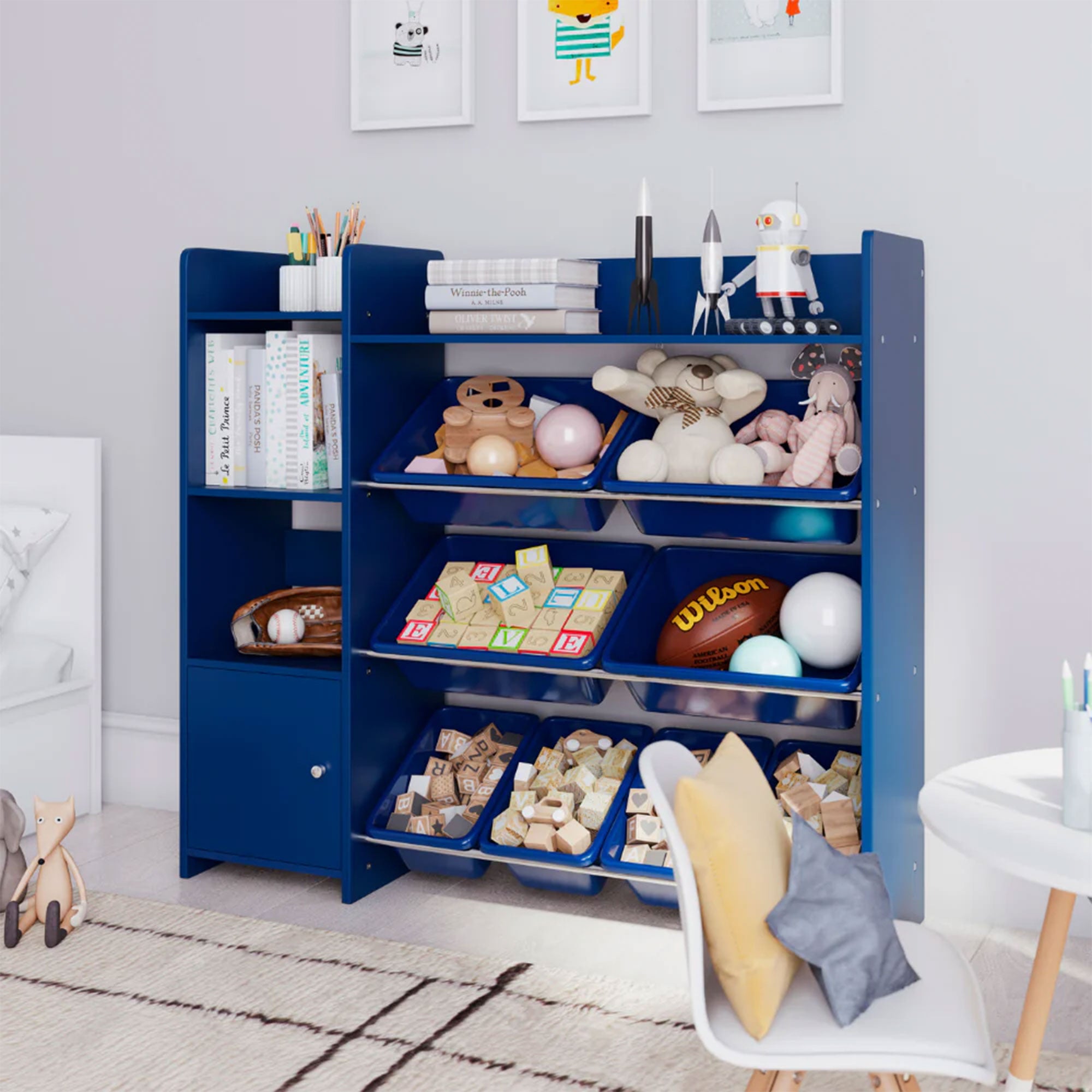 Sturdis Kids Toy Storage Organizer with Bookshelf and 8 Toy Bins, Dark Blue - VMInnovations
