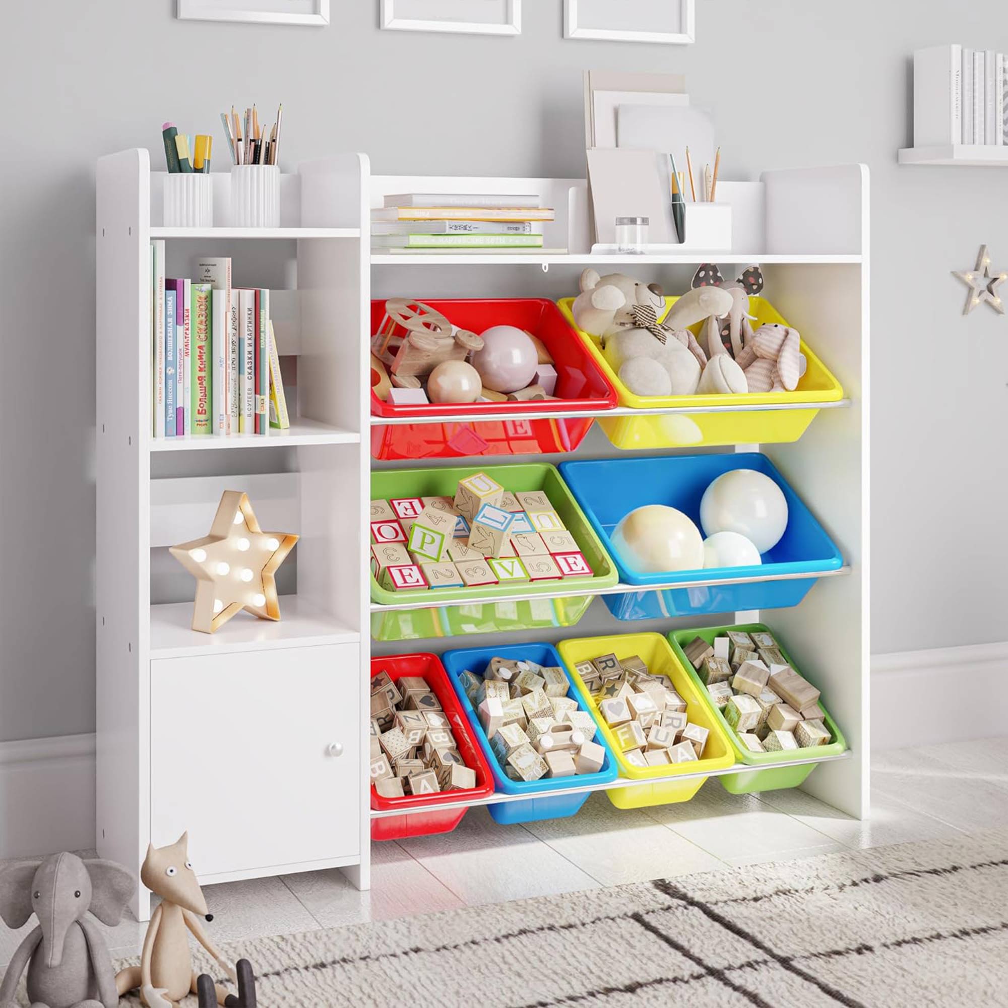 Sturdis Kids Toy Storage Organizer with Bookshelf, Top Shelf and 8 Colorful Bins - VMInnovations