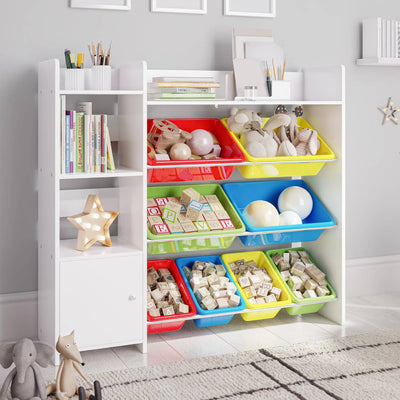 Sturdis Kids Toy Storage Organizer with Bookshelf, Top Shelf and 8 Colorful Bins