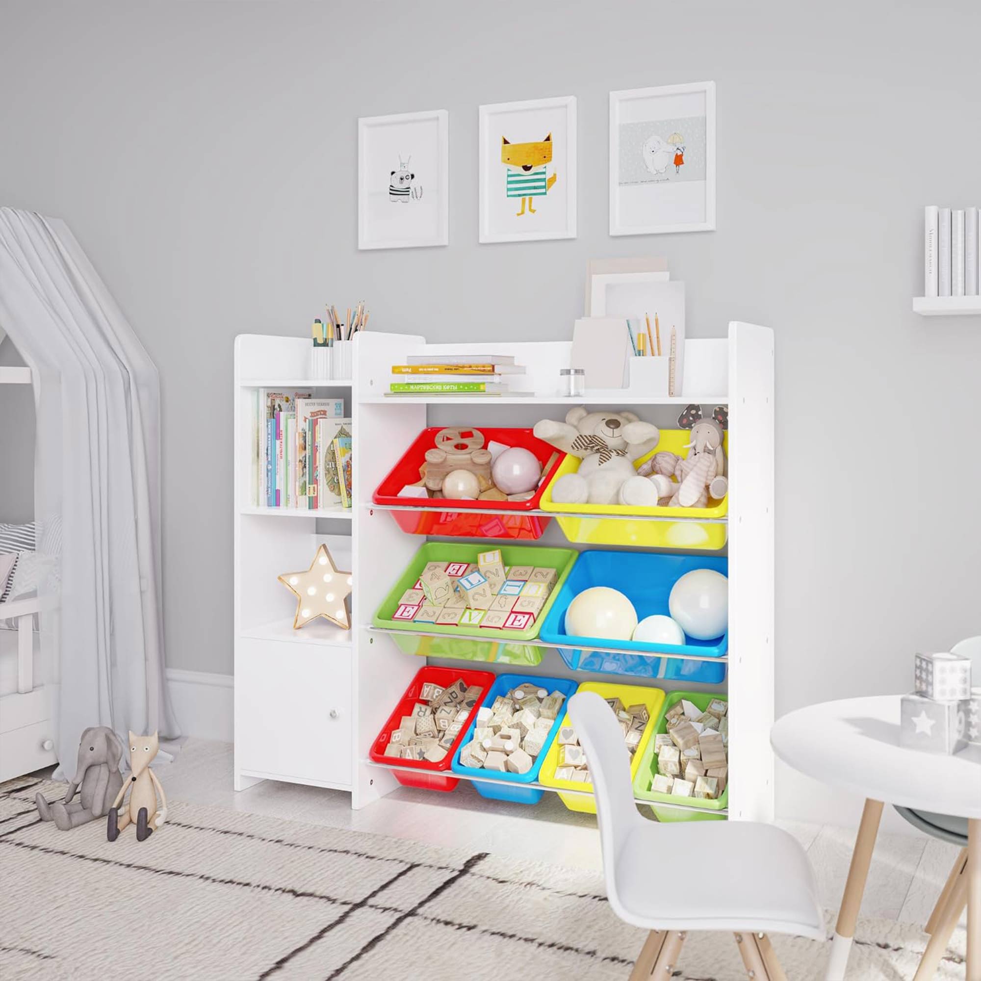 Sturdis Kids Toy Storage Organizer with Bookshelf, Top Shelf and 8 Colorful Bins - VMInnovations