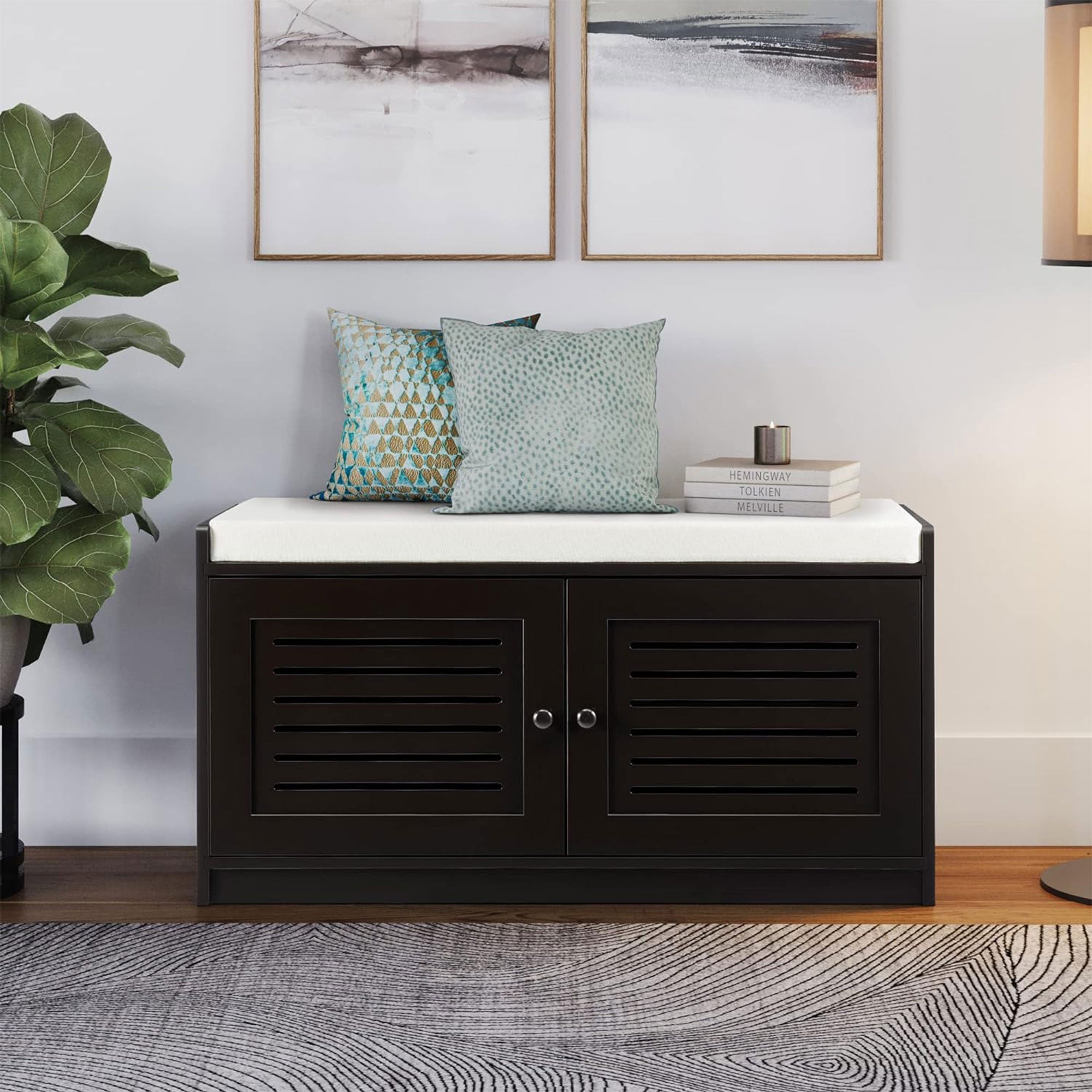 Sturdis Modern Shoe Storage Cushion Seat Bench with Adjustable Shelves, Espresso - VMInnovations