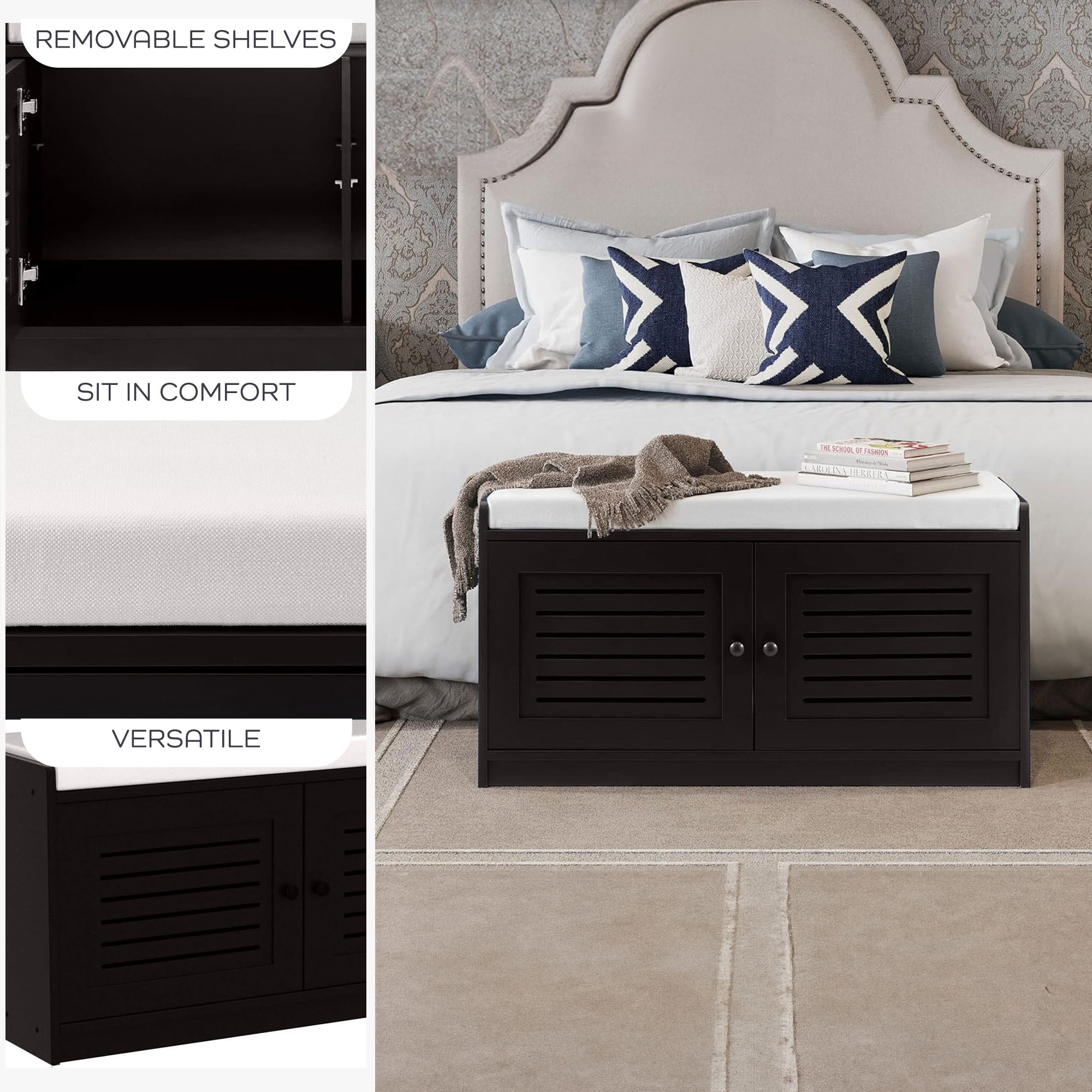 Sturdis Modern Shoe Storage Cushion Seat Bench with Adjustable Shelves, Espresso