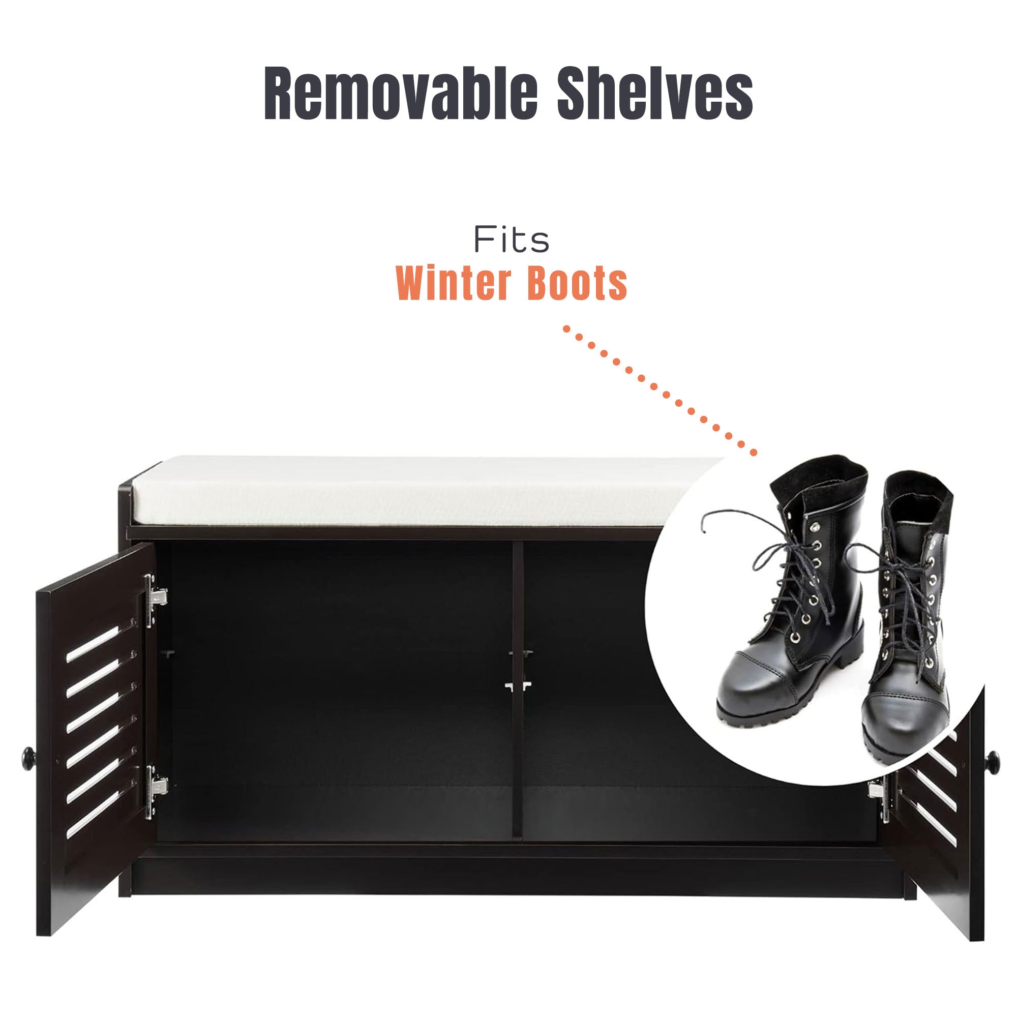 Sturdis Modern Shoe Storage Cushion Seat Bench with Adjustable Shelves, Espresso - VMInnovations