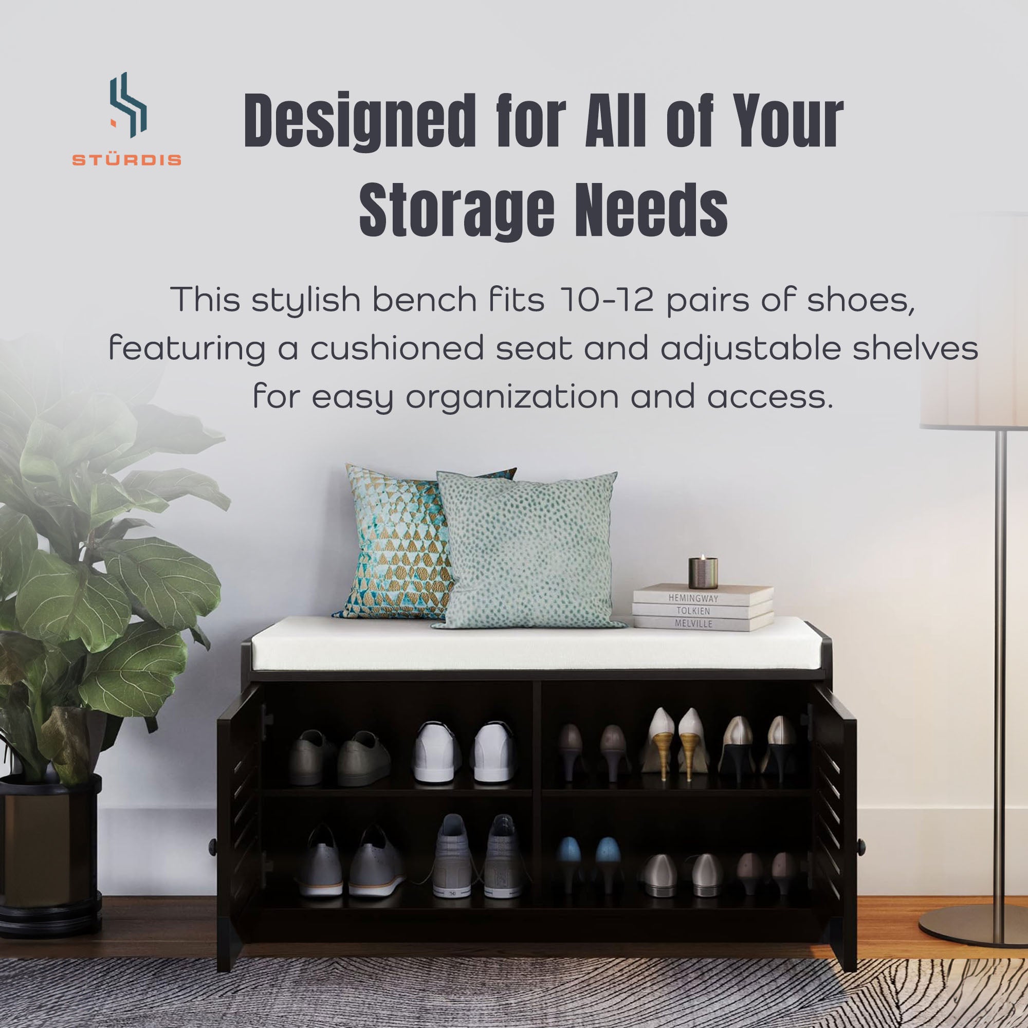 Sturdis Modern Shoe Storage Cushion Seat Bench with Adjustable Shelves, Espresso - VMInnovations