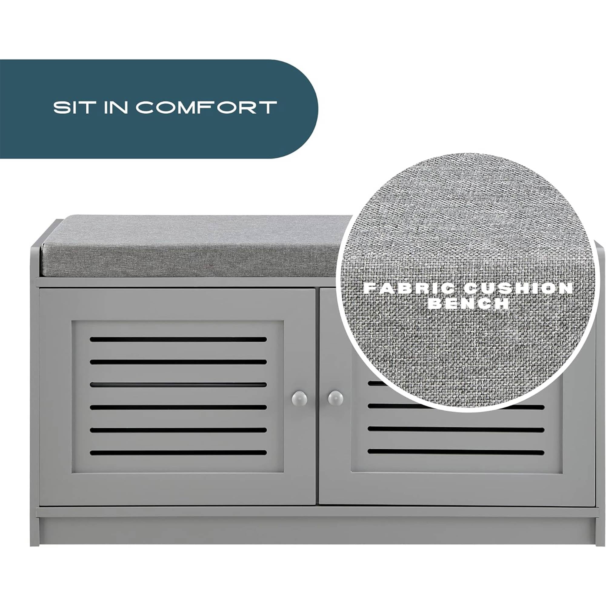 Sturdis Modern Shoe Storage Bench w/ Adjustable Shelves & Cushioned Seat, Gray - VMInnovations