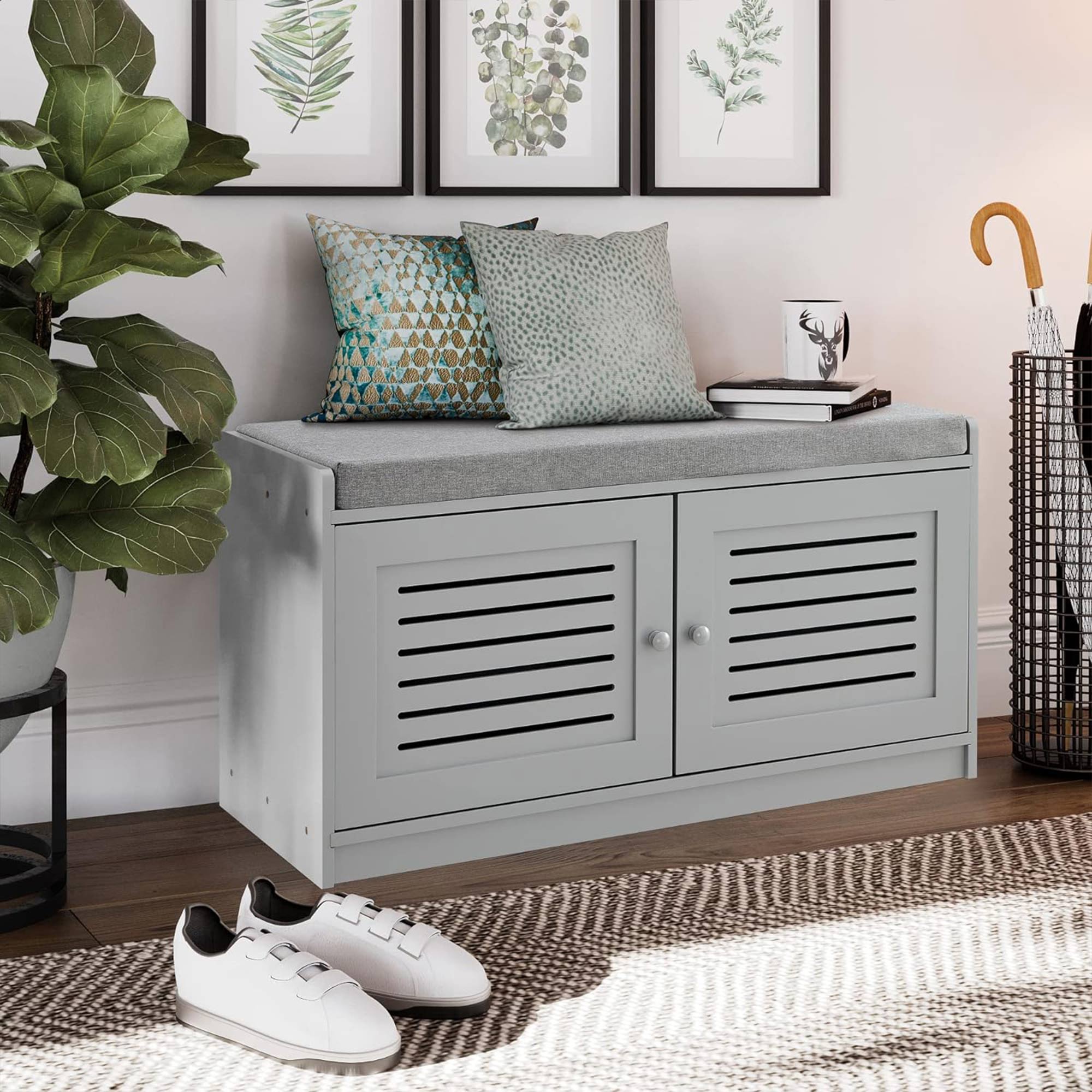 Sturdis Modern Shoe Storage Bench w/ Adjustable Shelves & Cushioned Seat, Gray - VMInnovations