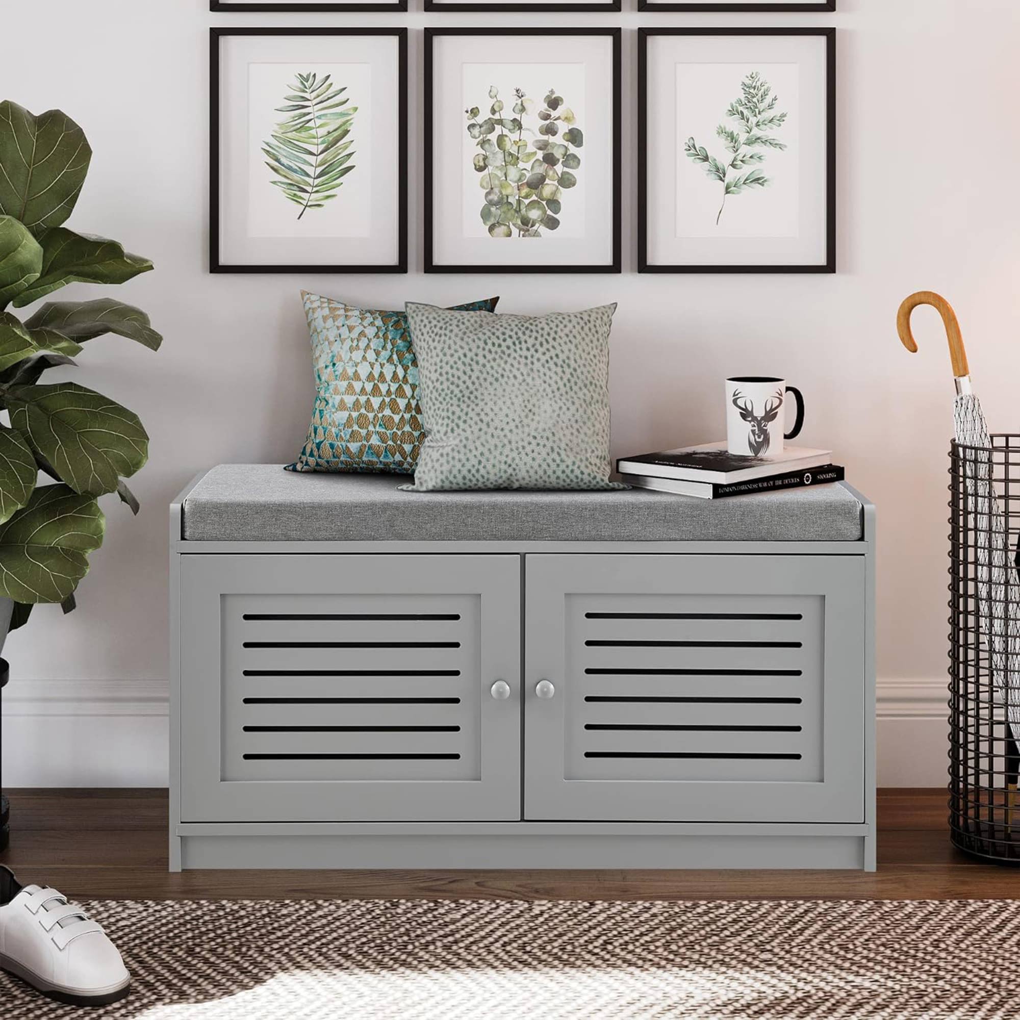 Sturdis Modern Shoe Storage Bench w/ Adjustable Shelves & Cushioned Seat, Gray - VMInnovations