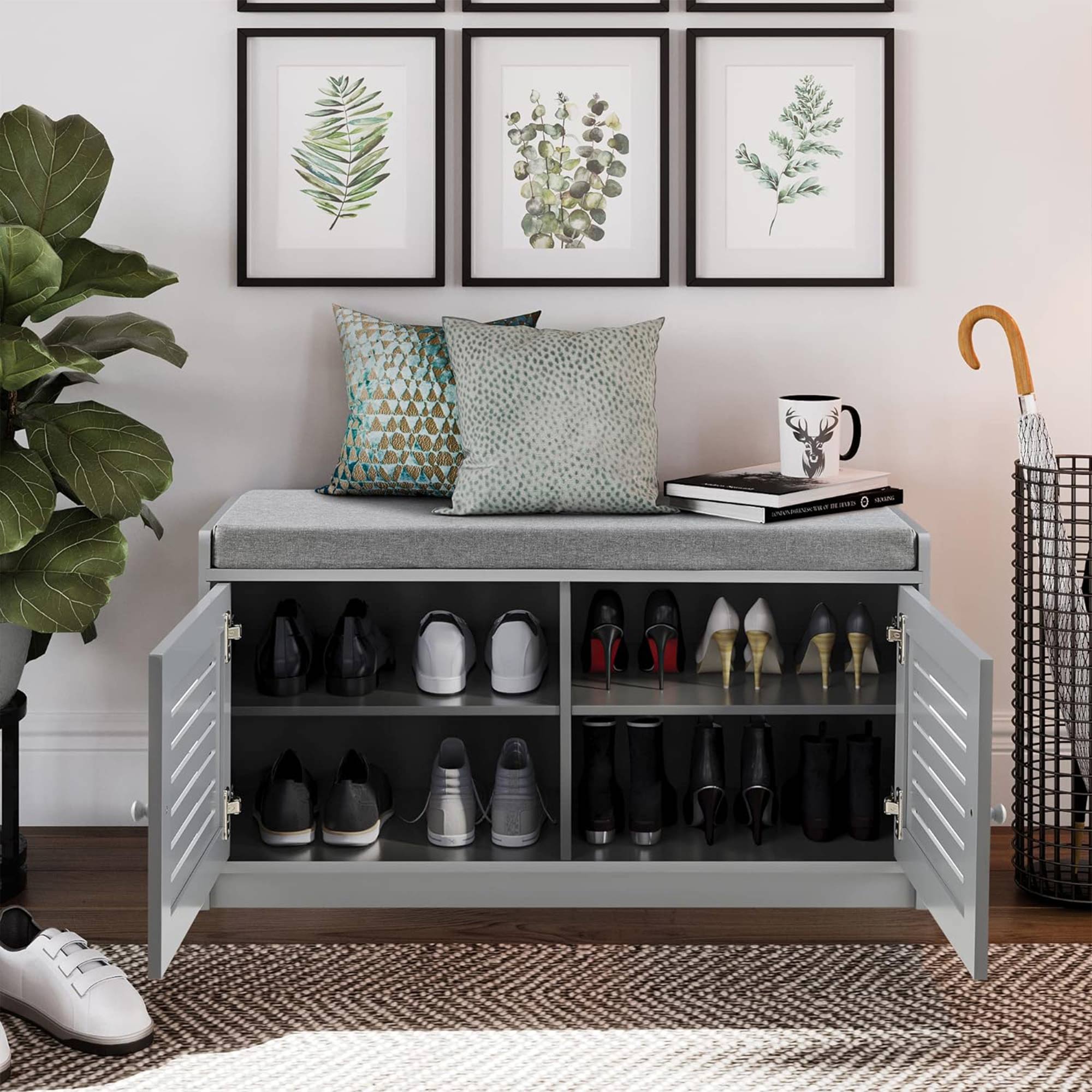 Sturdis Modern Shoe Storage Bench w/ Adjustable Shelves & Cushioned Seat, Gray - VMInnovations