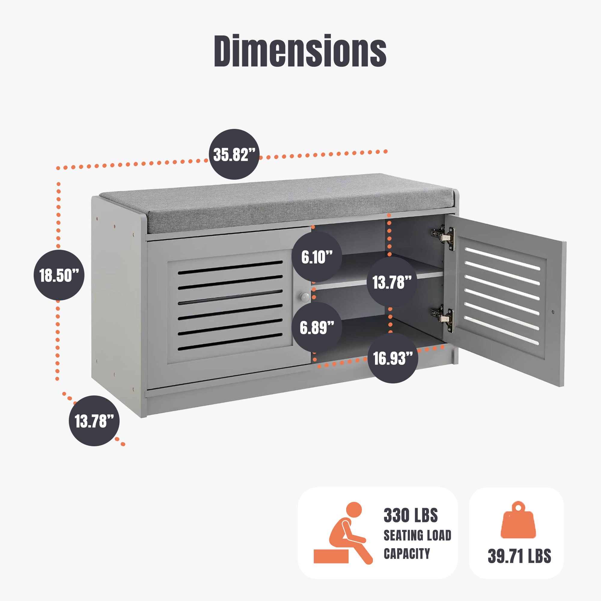 Sturdis Modern Shoe Storage Bench w/ Adjustable Shelves & Cushioned Seat, Gray - VMInnovations