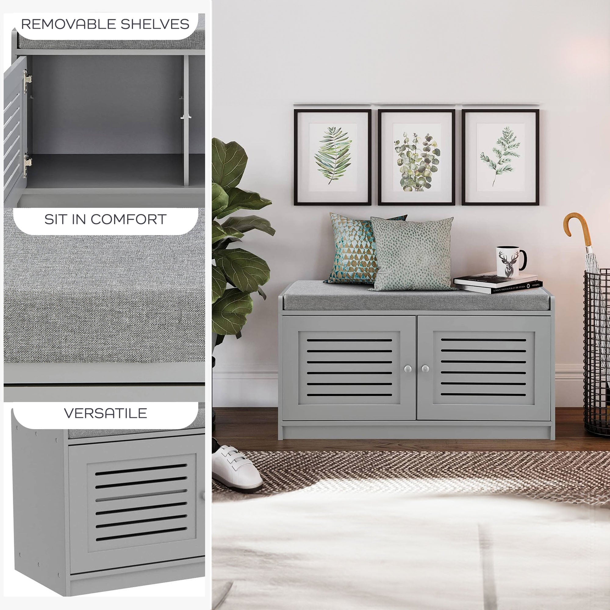 Sturdis Modern Shoe Storage Bench w/ Adjustable Shelves & Cushioned Seat, Gray - VMInnovations