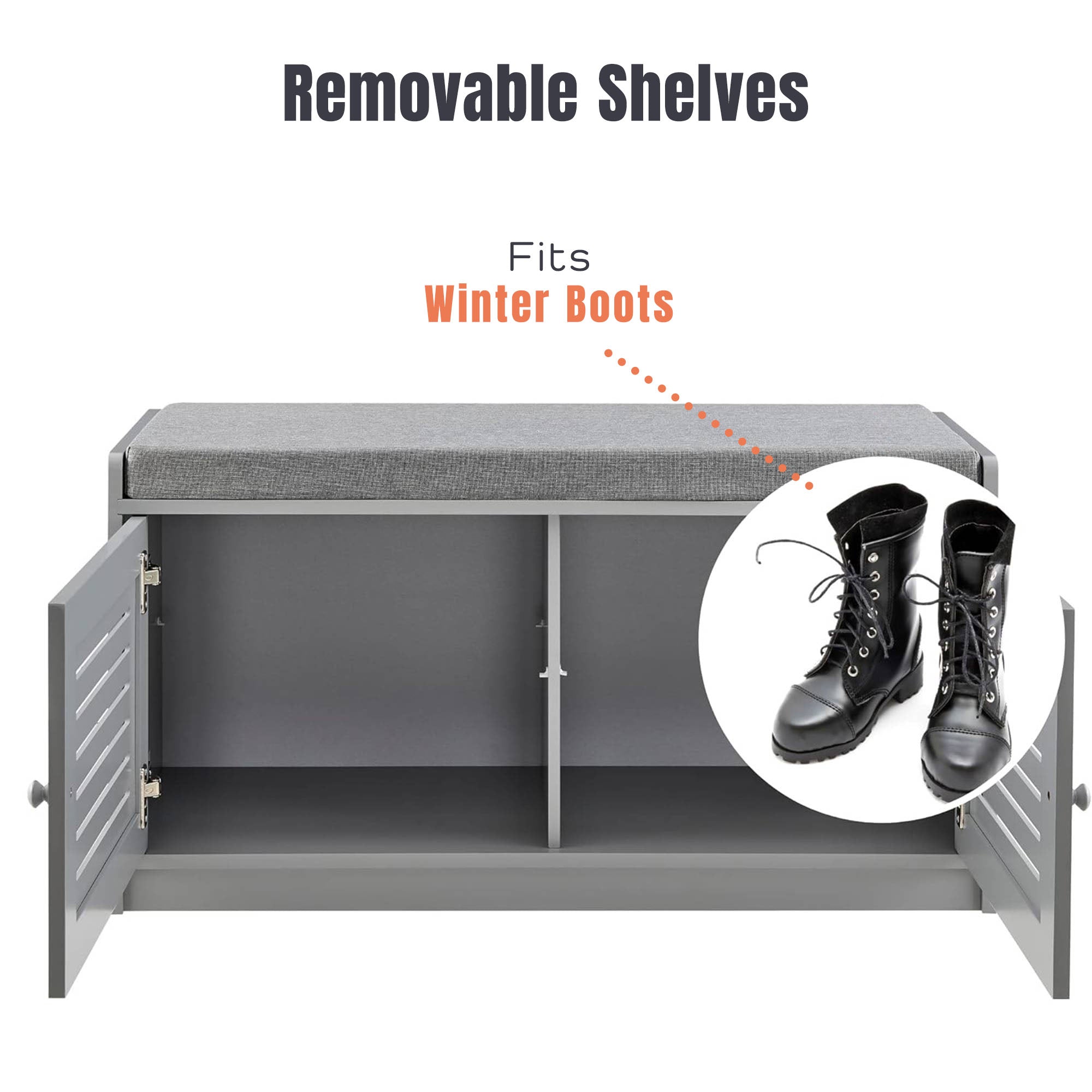 Sturdis Modern Shoe Storage Bench w/ Adjustable Shelves & Cushioned Seat, Gray - VMInnovations