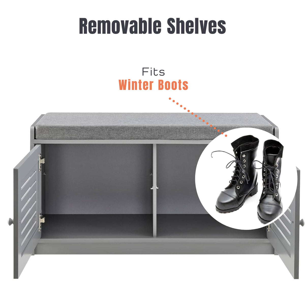 Sturdis Modern Shoe Storage Bench w/ Adjustable Shelves & Cushioned Seat, Gray - VMInnovations