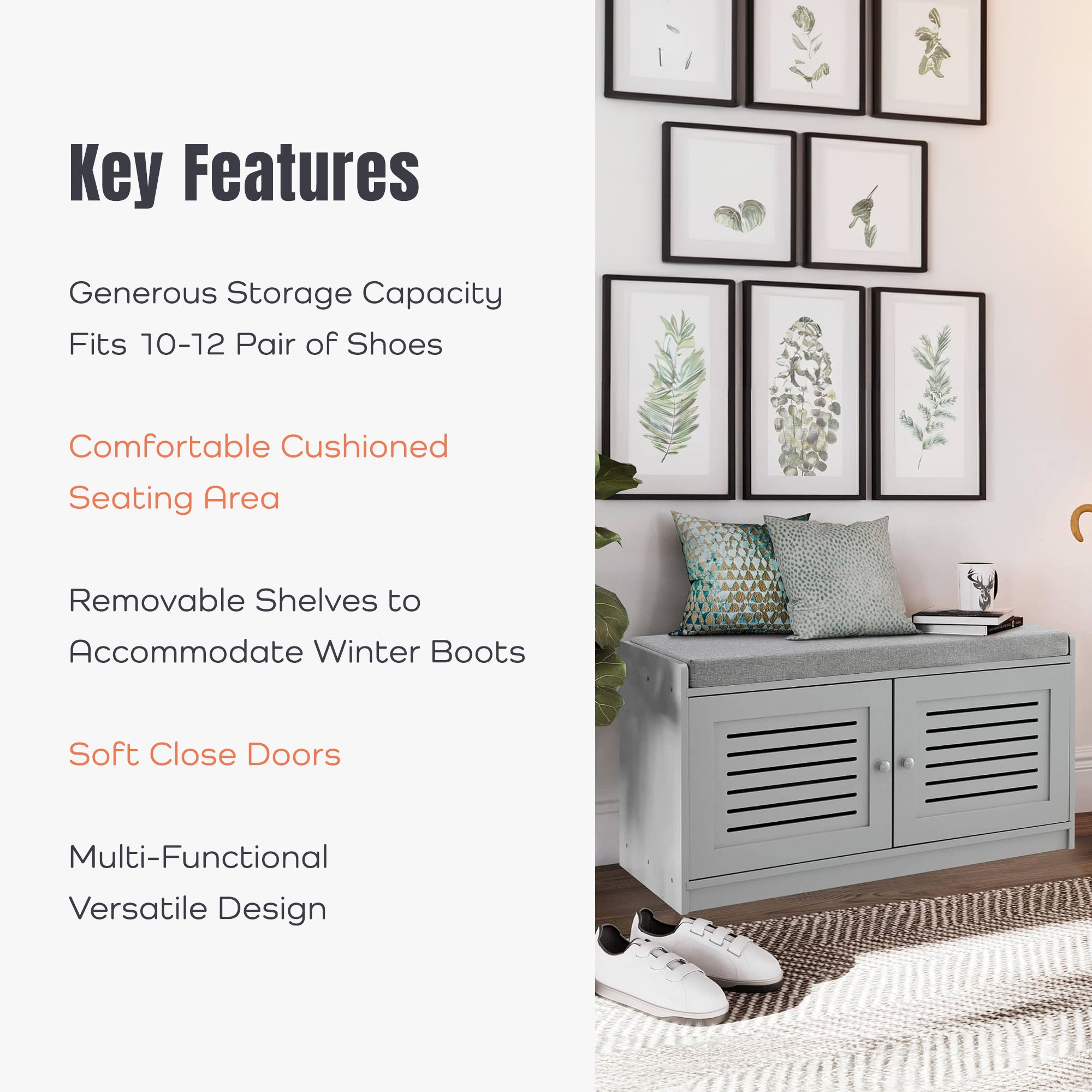 Sturdis Modern Shoe Storage Bench w/ Adjustable Shelves & Cushioned Seat, Gray - VMInnovations