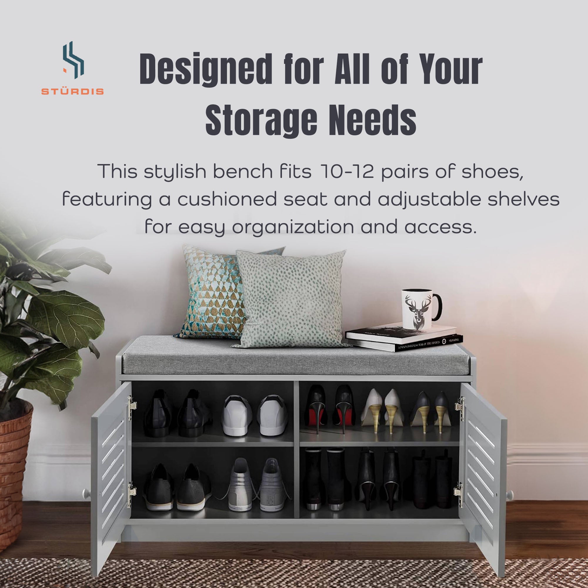 Sturdis Modern Shoe Storage Bench w/ Adjustable Shelves & Cushioned Seat, Gray - VMInnovations