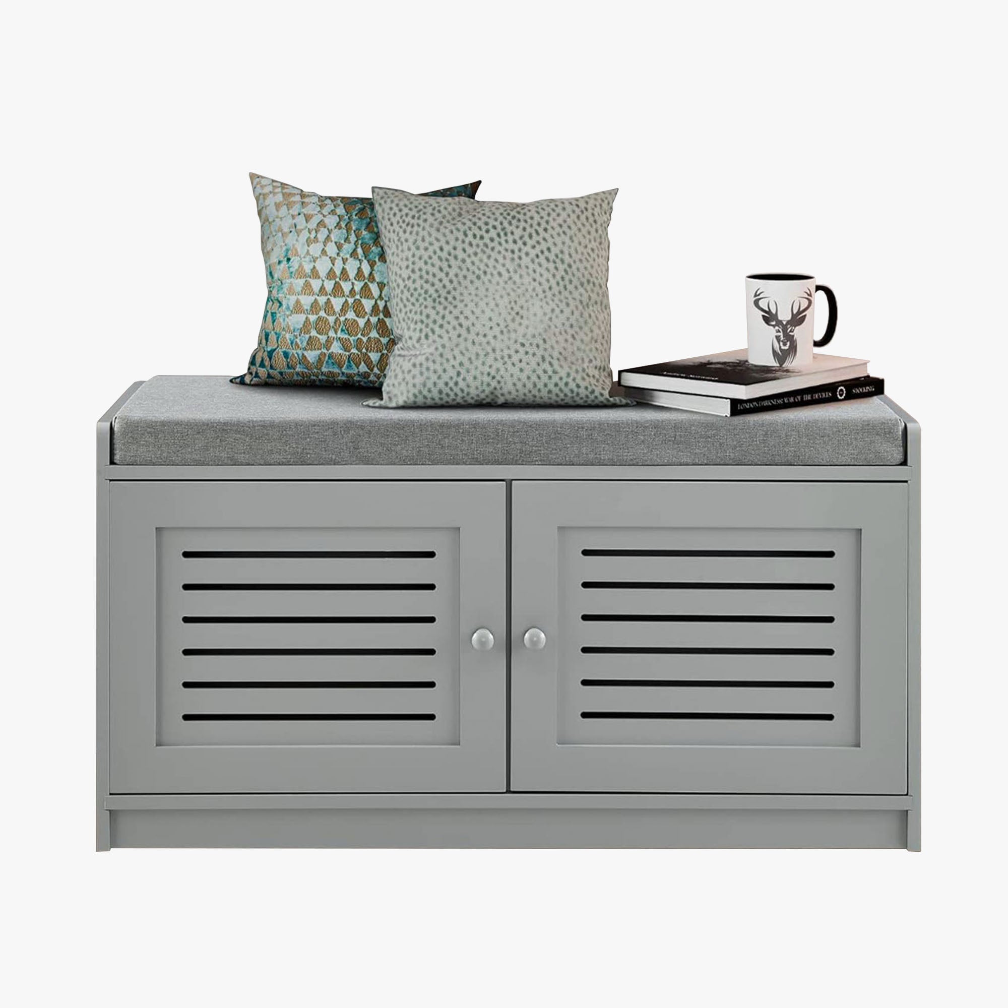Sturdis Shoe Storage Bench w/Adjustable Shelves & Cushioned Seat, Gray(Open Box)