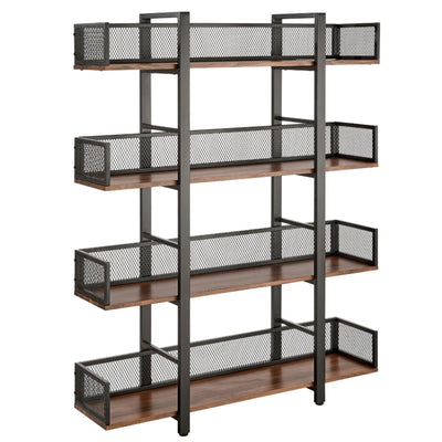 Sturdis 4 Tier Solid Wood Metal Industrial Bookshelf with Mesh Barriers, Black