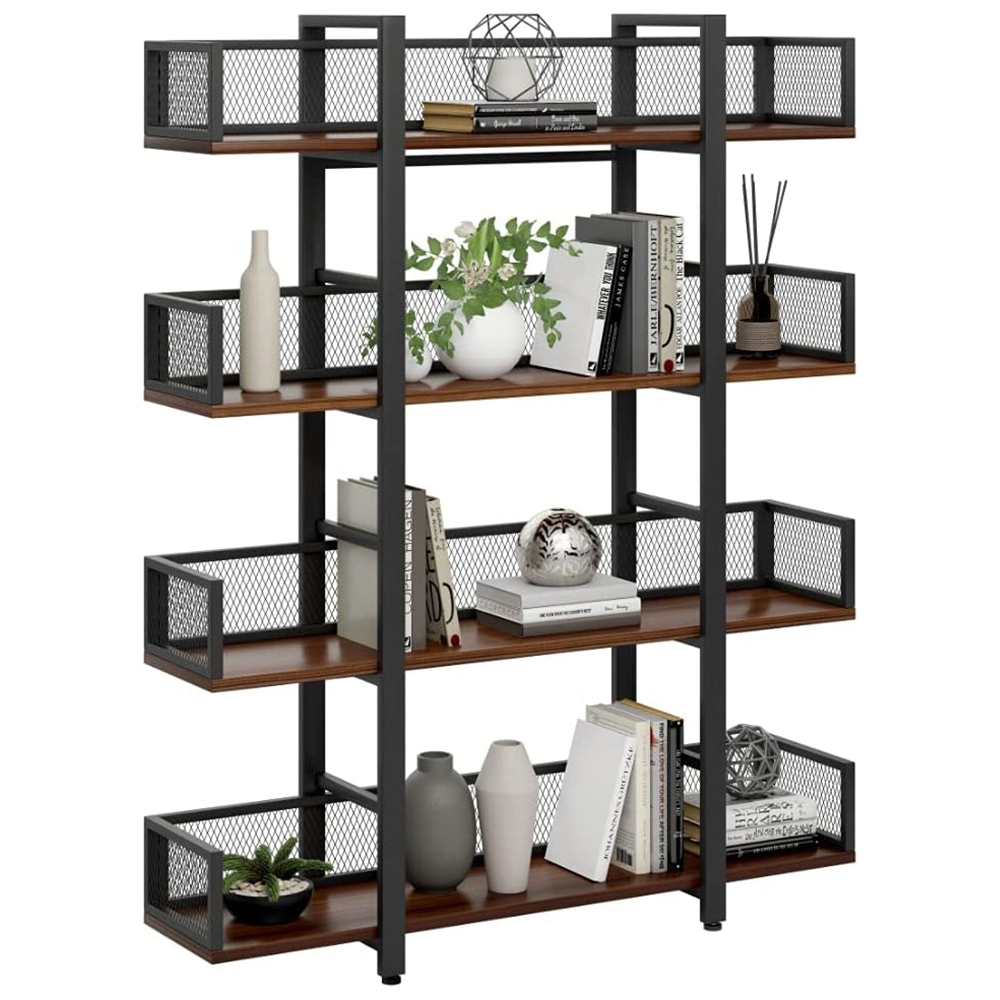 Sturdis 4 Tier Solid Wood Metal Industrial Bookshelf with Mesh Barriers, Black - VMInnovations