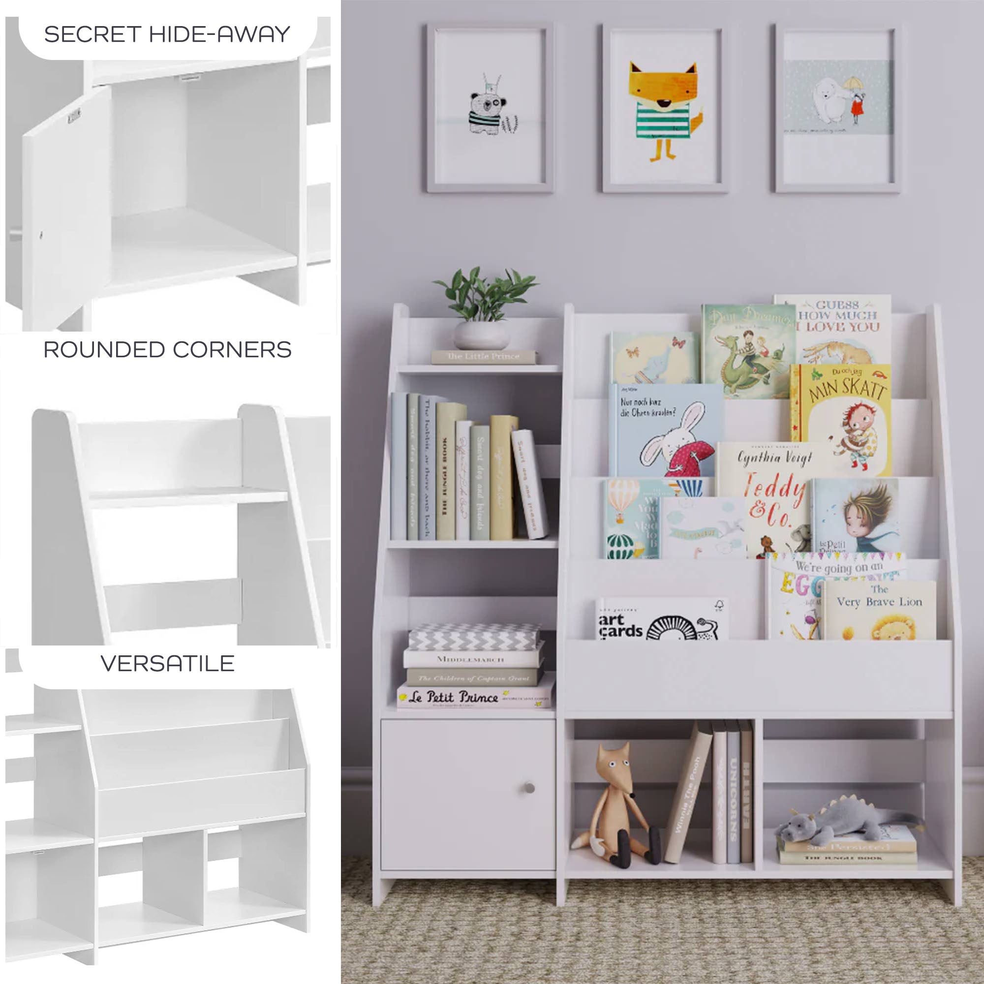 Sturdis Modern Round Edge Wooden Durable Kids Bookshelf with Step Shelves, White - VMInnovations