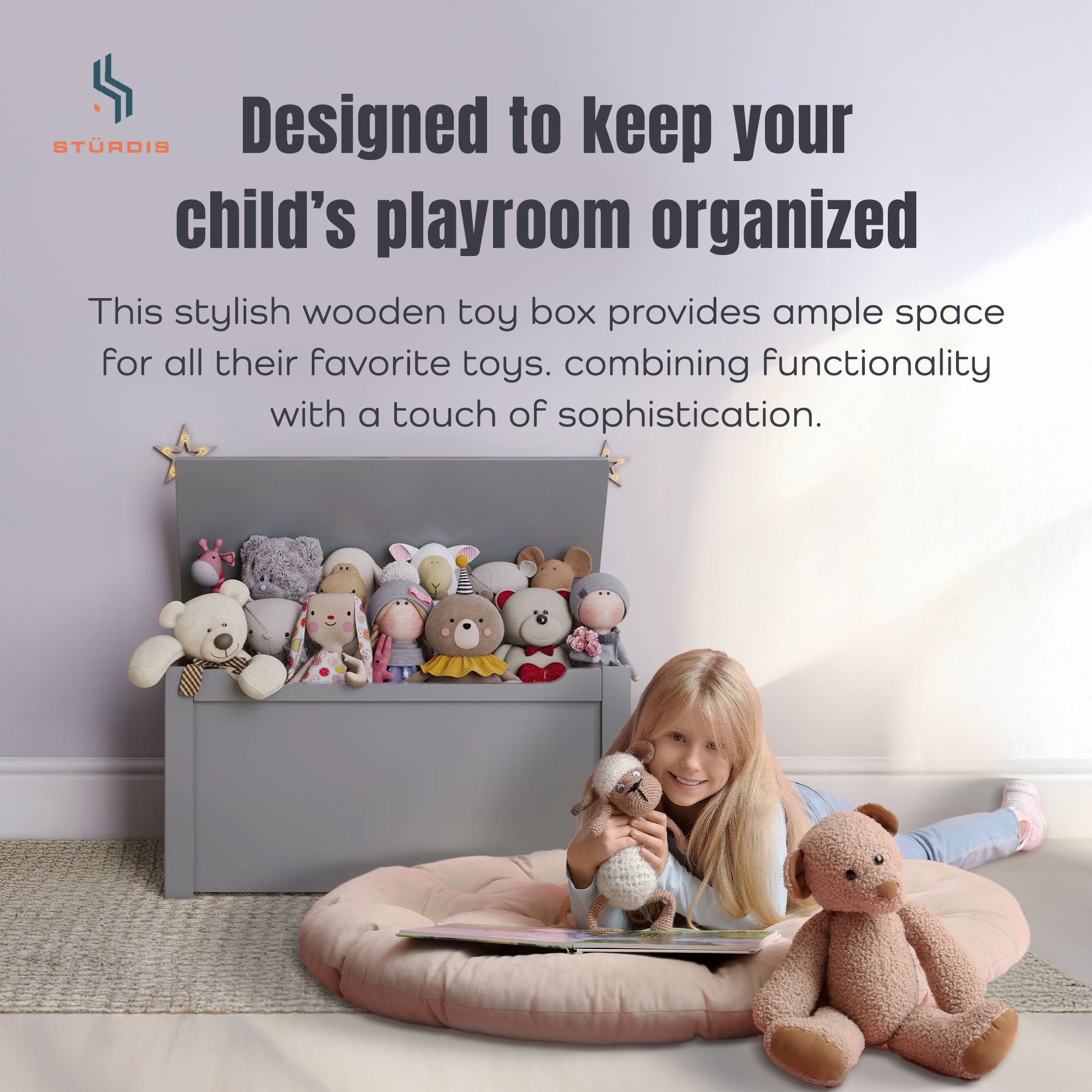 Sturdis Wooden Toy Box Stylish and Spacious Storage for Home Organization, Gray - VMInnovations