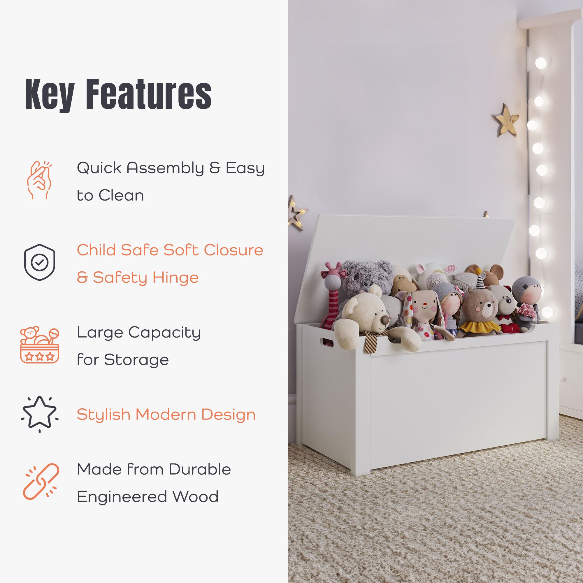 Sturdis Wooden Toy Box Stylish Spacious Storage for Home Organization, White - VMInnovations