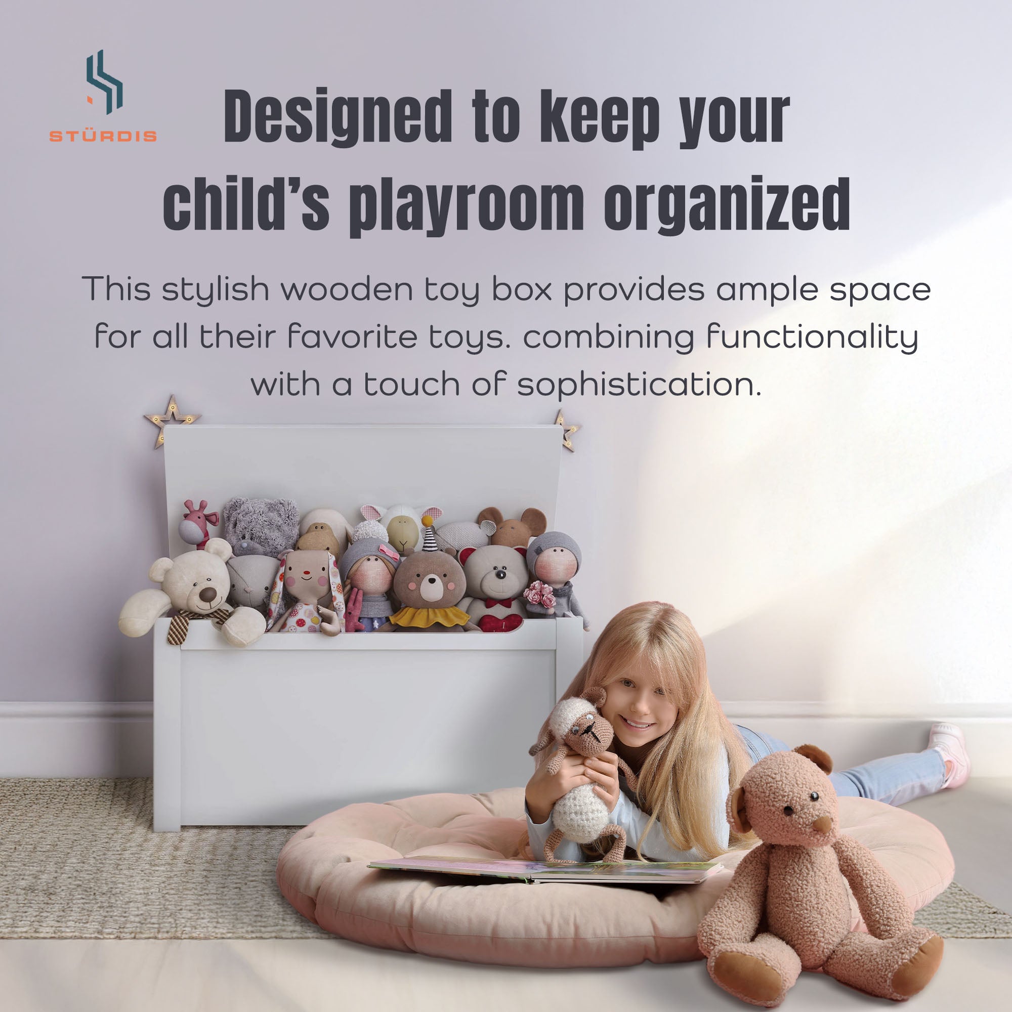 Sturdis Wooden Toy Box Stylish Spacious Storage for Home Organization, White - VMInnovations