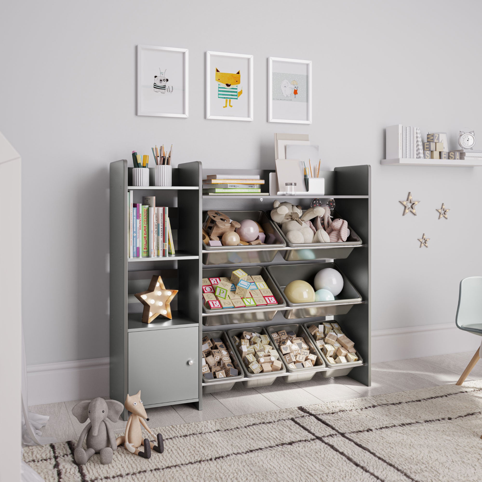 Sturdis Kids Toy Storage Organizer with Cabinet, Bookshelf and 8 Toy Bins, Gray - VMInnovations