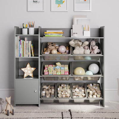 Sturdis Kids Toy Storage Organizer with Cabinet, Bookshelf and 8 Toy Bins, Gray