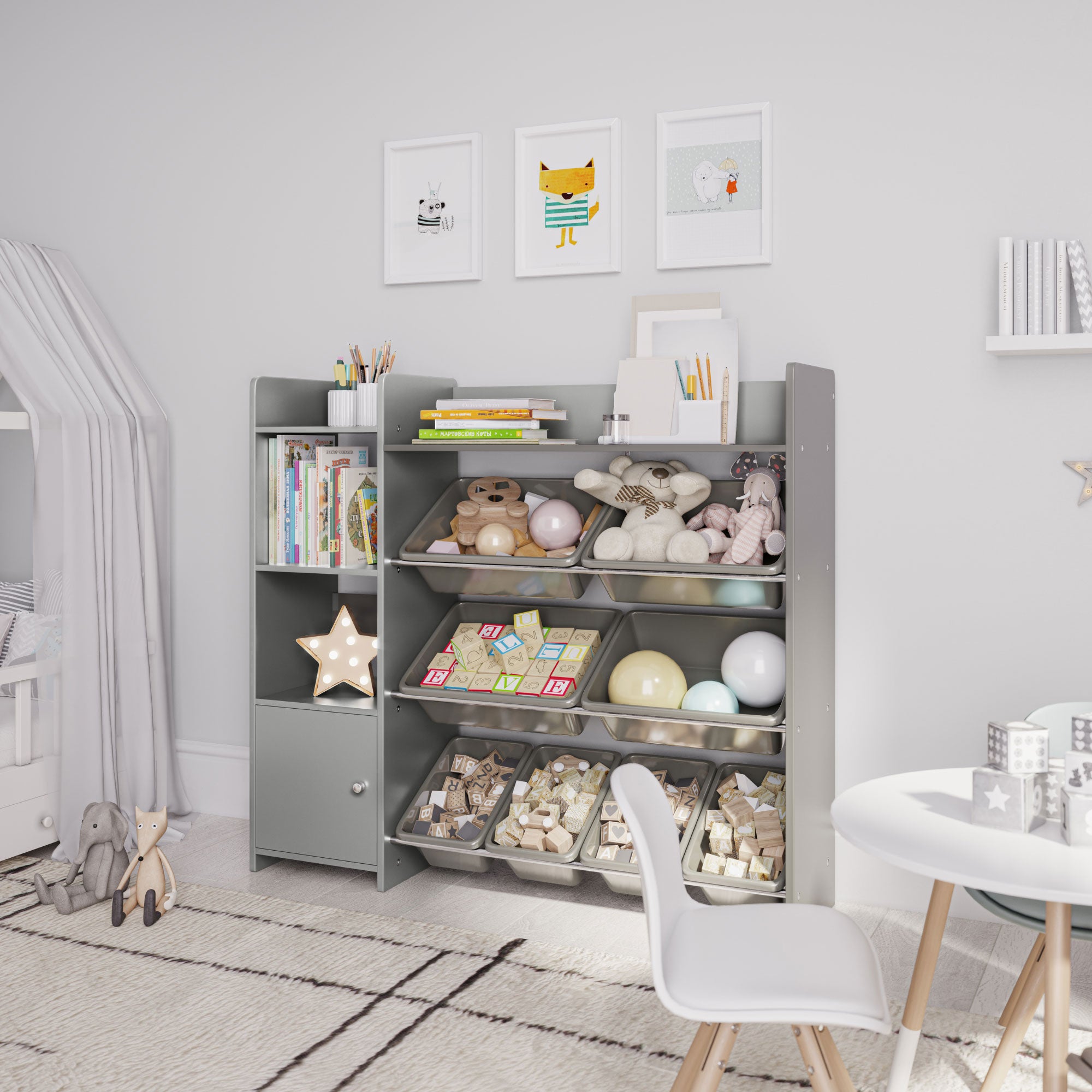 Sturdis Kids Toy Storage Organizer with Cabinet, Bookshelf and 8 Toy Bins, Gray - VMInnovations