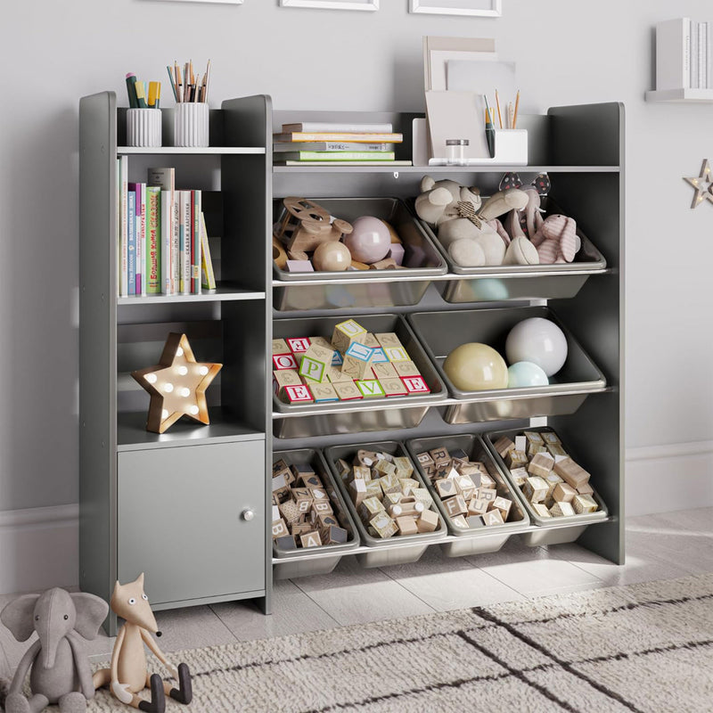 Sturdis Kids Toy Storage Organizer with Cabinet, Bookshelf and 8 Toy Bins, Gray