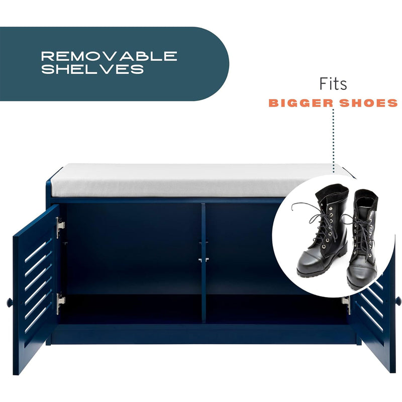 Sturdis Modern Cushioned Shoe Storage Bench w/ Adjustable Shelves, Antique Blue