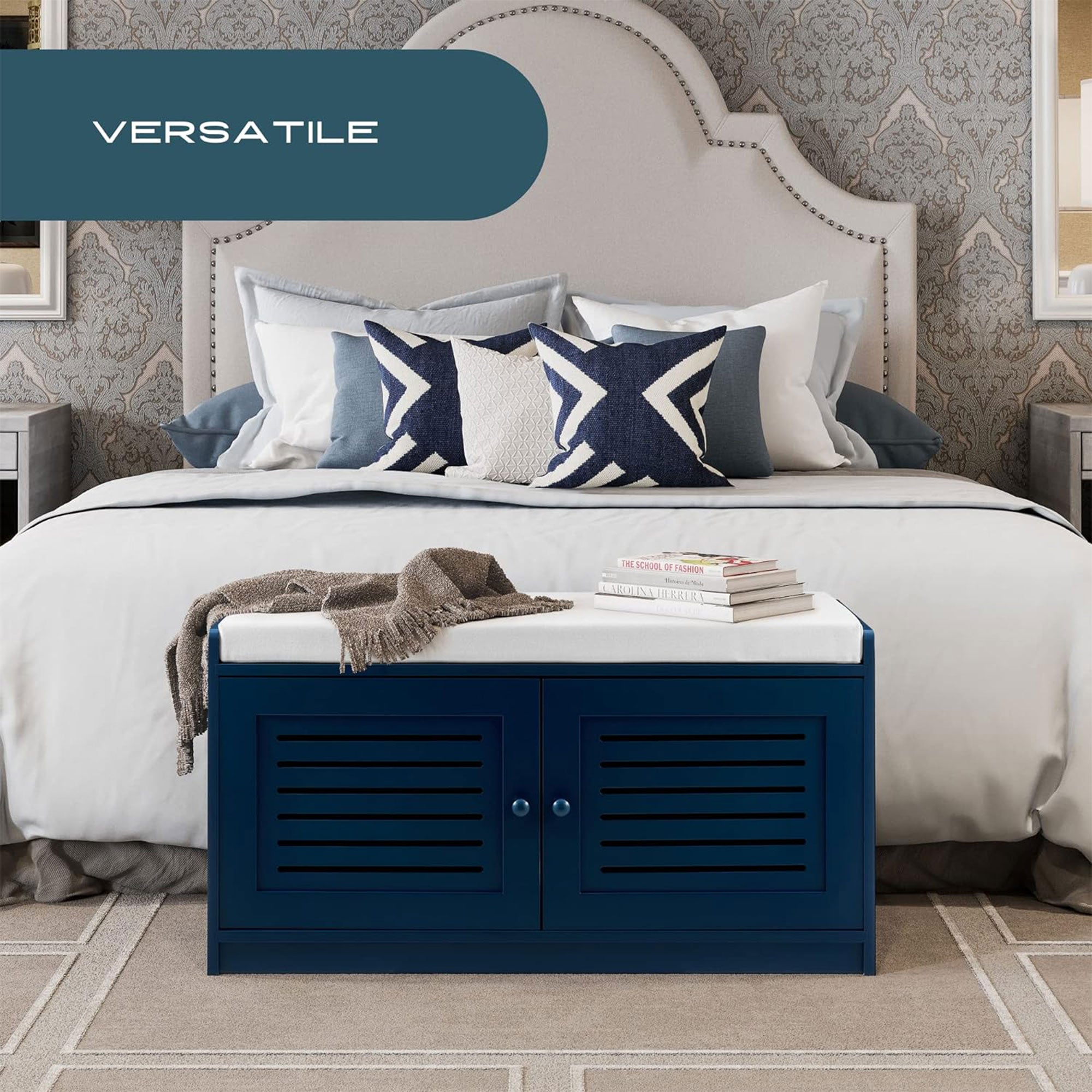 Sturdis Modern Shoe Storage Cushioned Seat Bench with Adjustable Shelves, Blue - VMInnovations