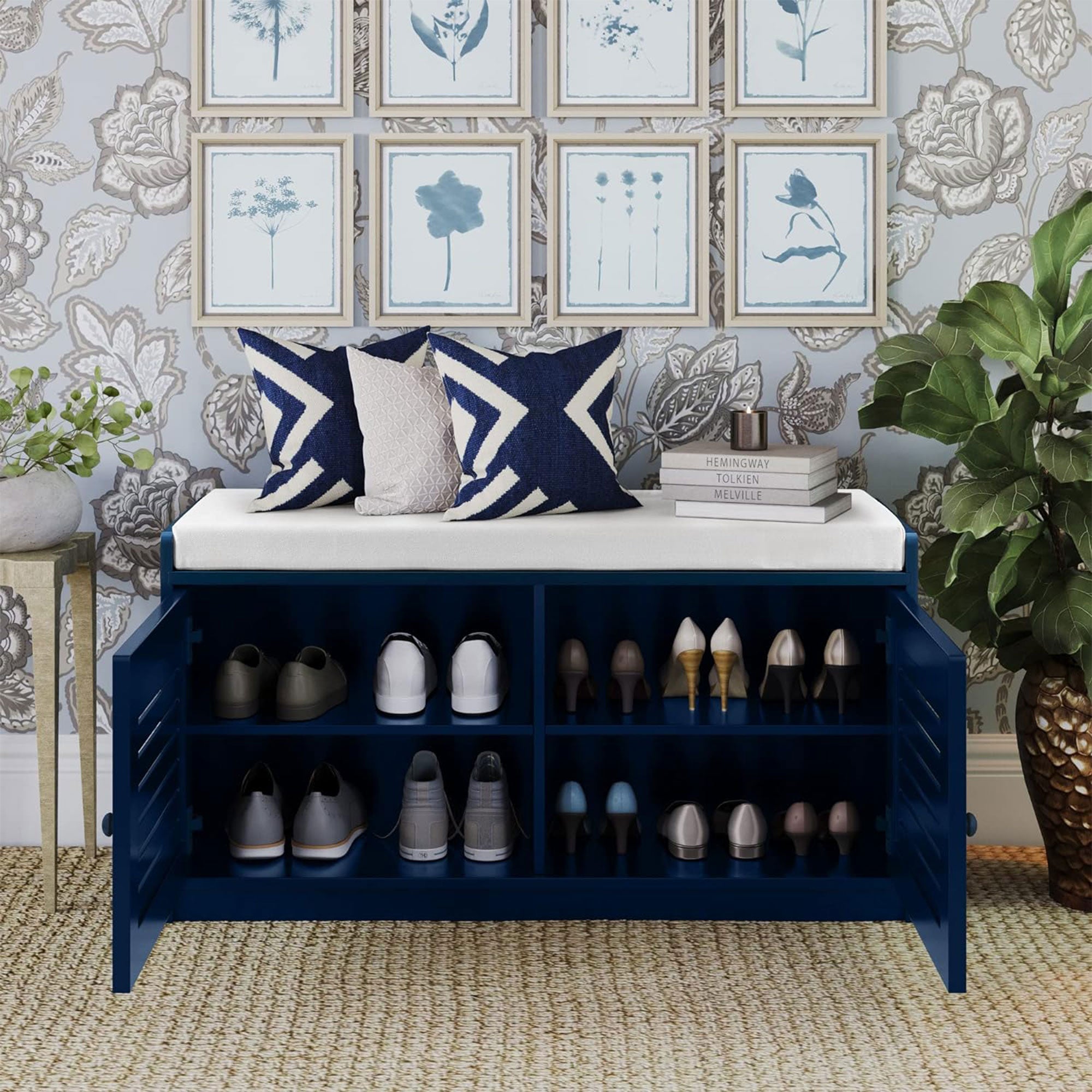 Sturdis Modern Shoe Storage Cushioned Seat Bench with Shelves, Blue (For Parts) - VMInnovations