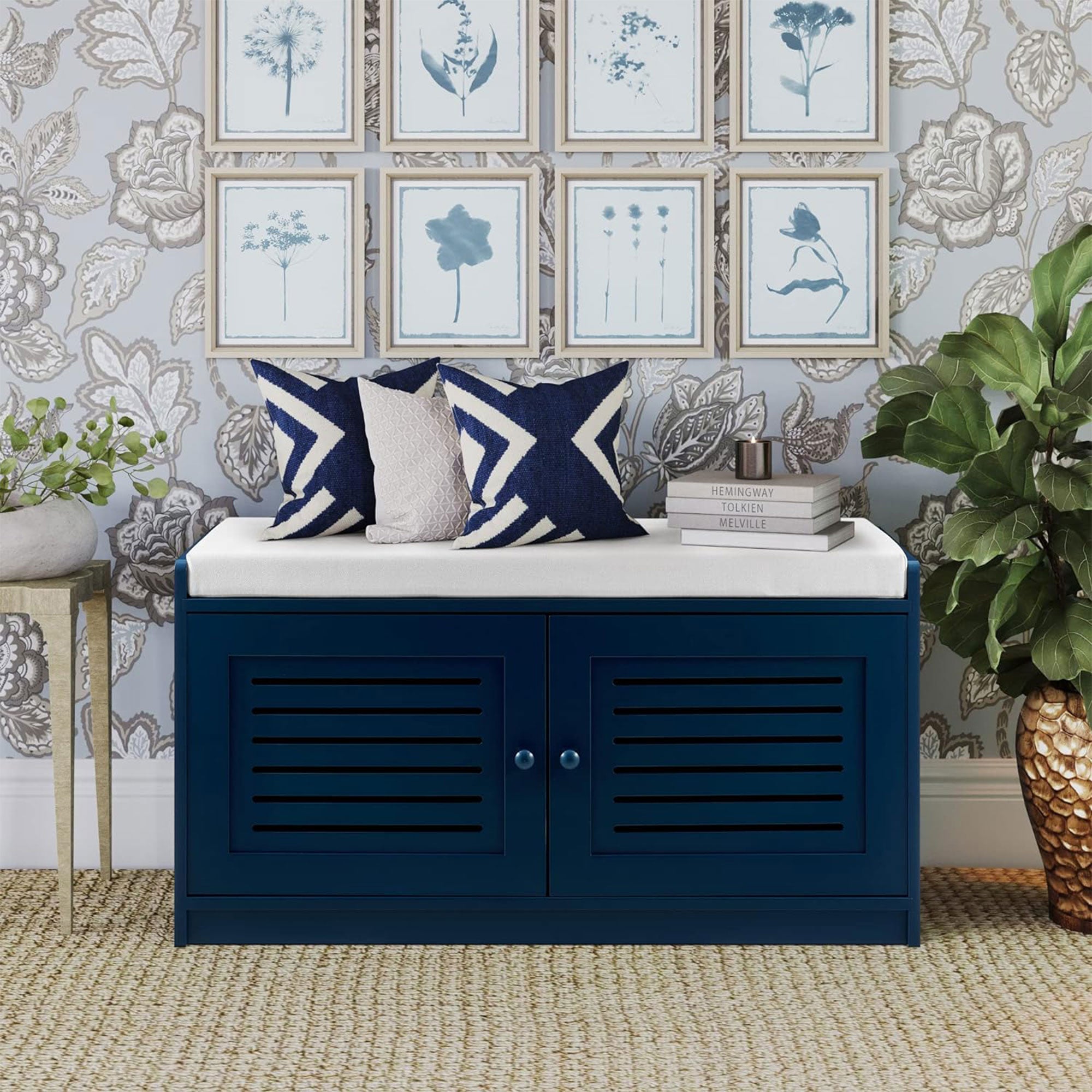 Sturdis Modern Shoe Storage Cushioned Seat Bench with Adjustable Shelves, Blue - VMInnovations