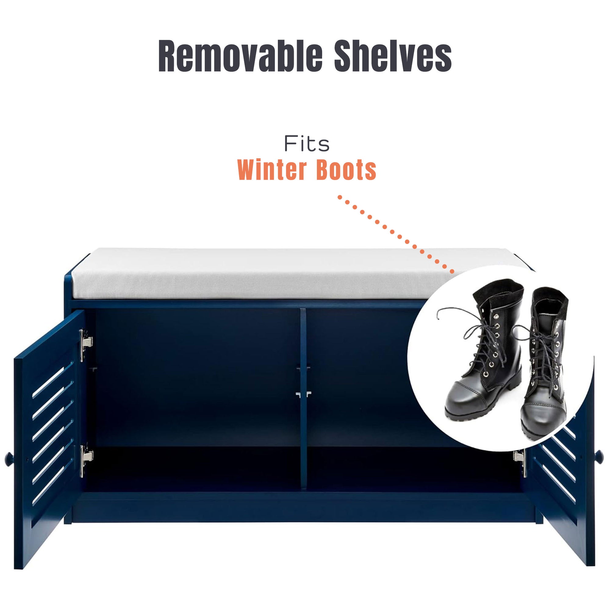 Sturdis Modern Shoe Storage Cushioned Seat Bench with Adjustable Shelves, Blue - VMInnovations