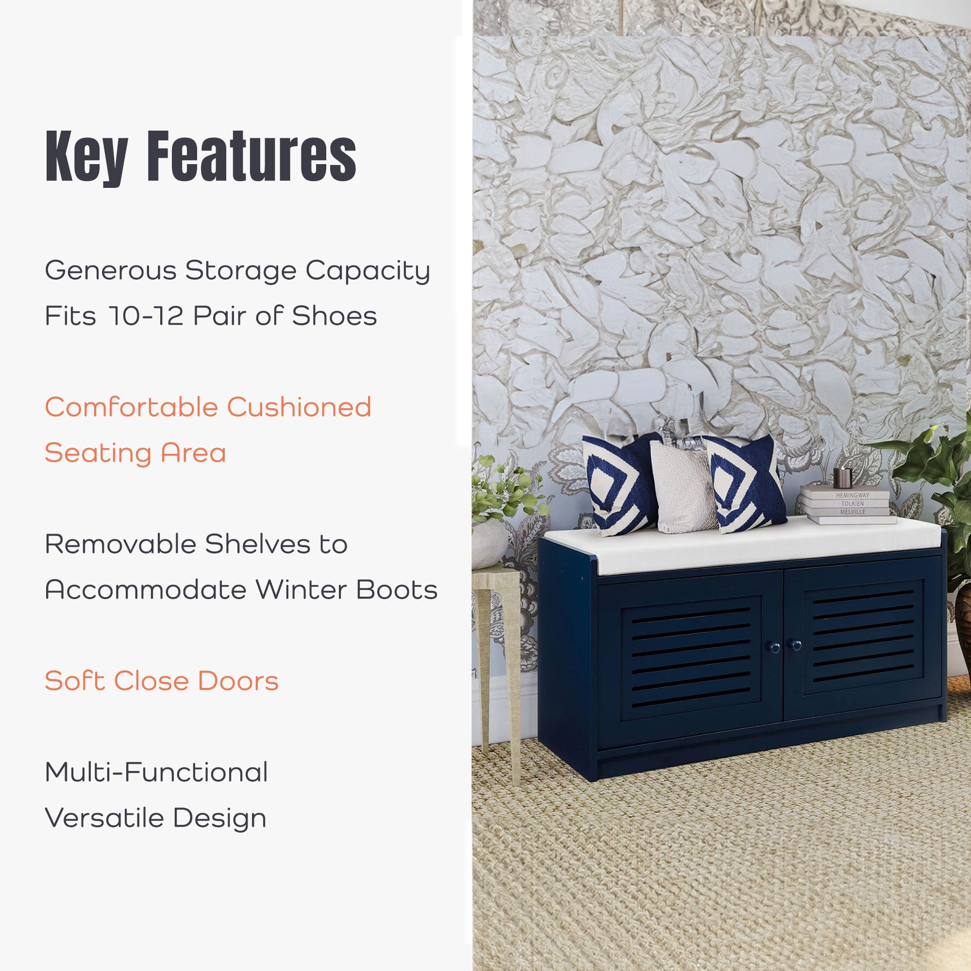 Sturdis Modern Shoe Storage Cushioned Seat Bench with Adjustable Shelves, Blue - VMInnovations