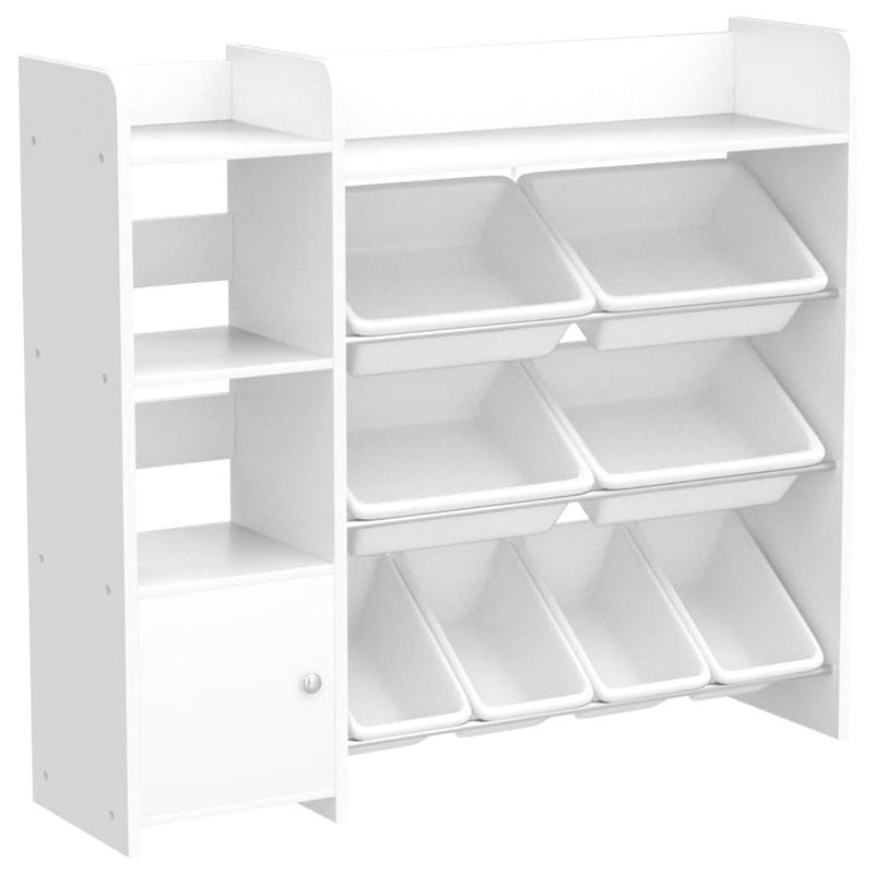 Sturdis Kids Toy Storage Organizer with Cabinet, Bookshelf and 8 Toy Bins, White
