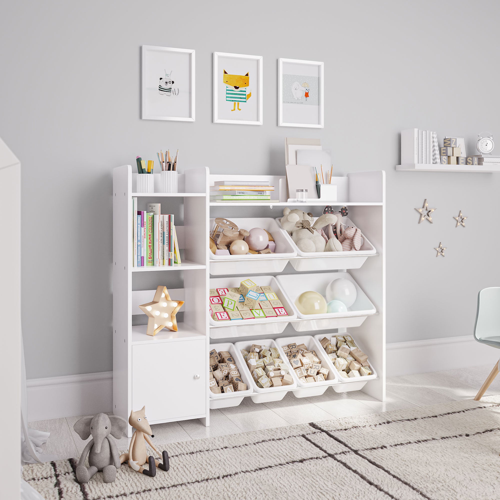 Sturdis Kids Toy Storage Organizer with Cabinet, Bookshelf and 8 Toy Bins, White - VMInnovations