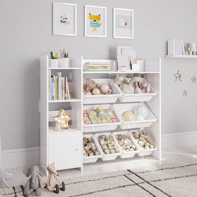 Sturdis Kids Toy Storage Organizer with Cabinet, Bookshelf and 8 Toy Bins, White
