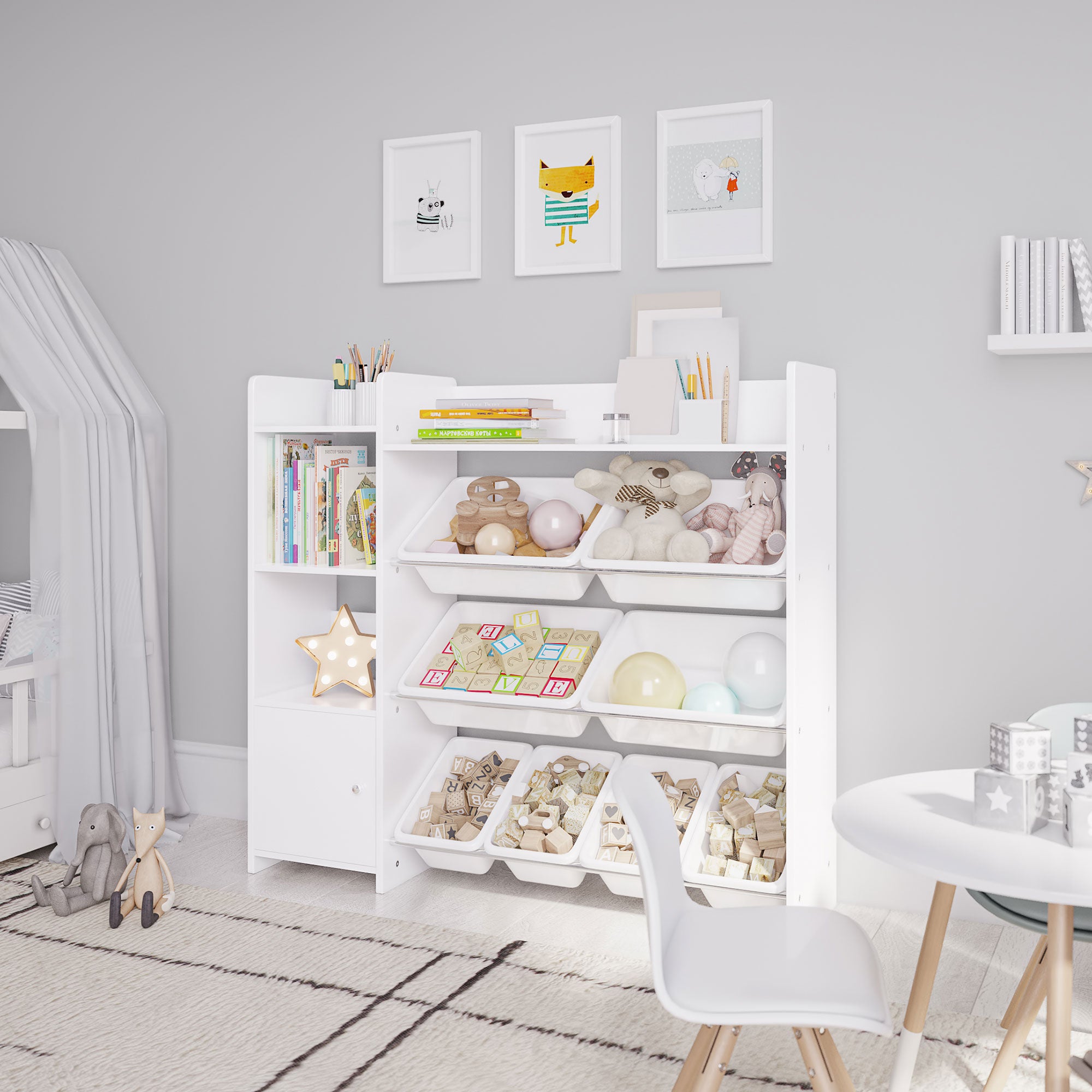 Sturdis Toy Storage Organizer w/Cabinet, Bookshelf & 8 Bins, White (Open Box) - VMInnovations