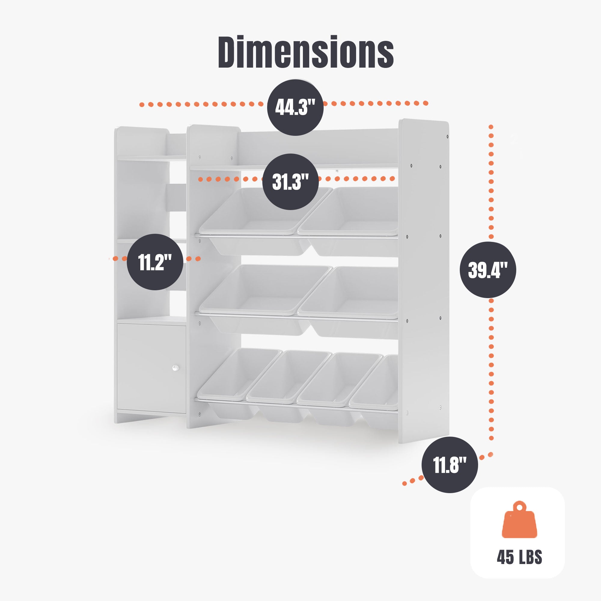 Sturdis Kids Toy Storage Organizer with Cabinet, Bookshelf and 8 Toy Bins, White - VMInnovations