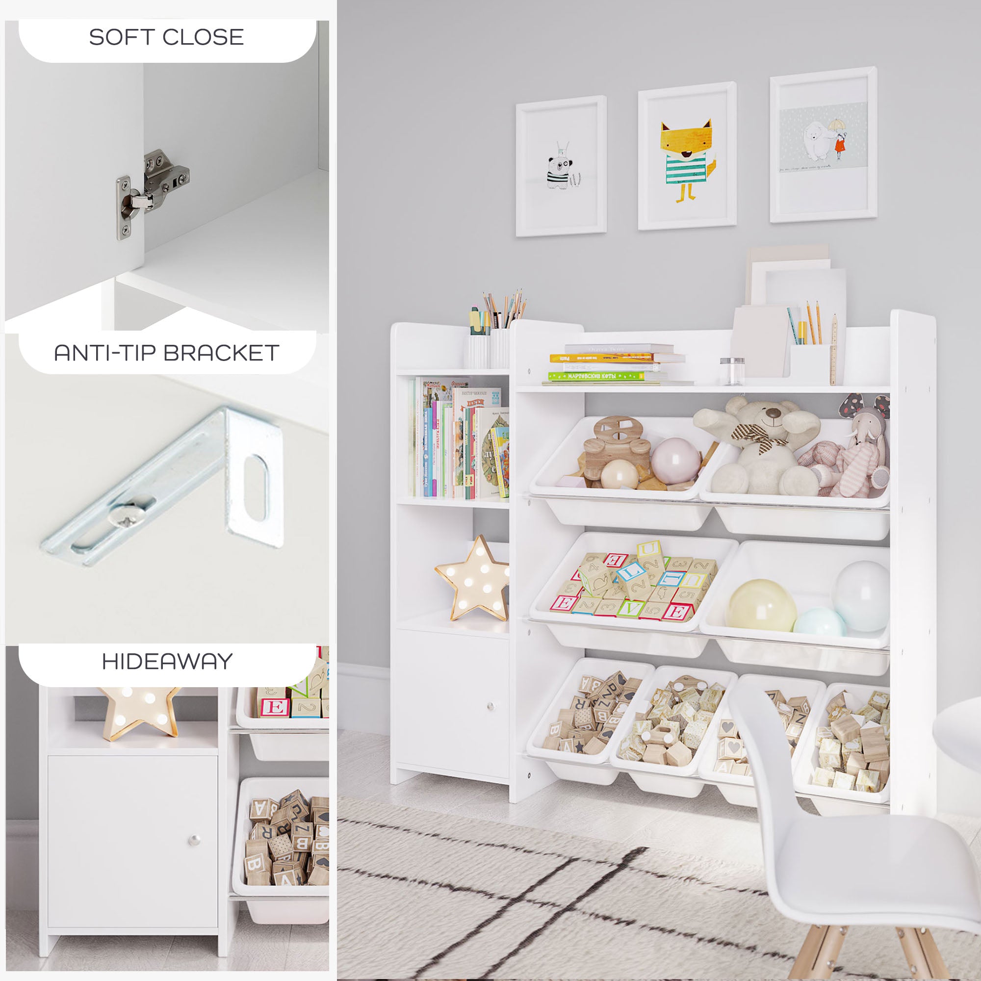 Sturdis Toy Storage w/Cabinet, Bookshelf & 8 Toy Bins, White (For Parts) - VMInnovations